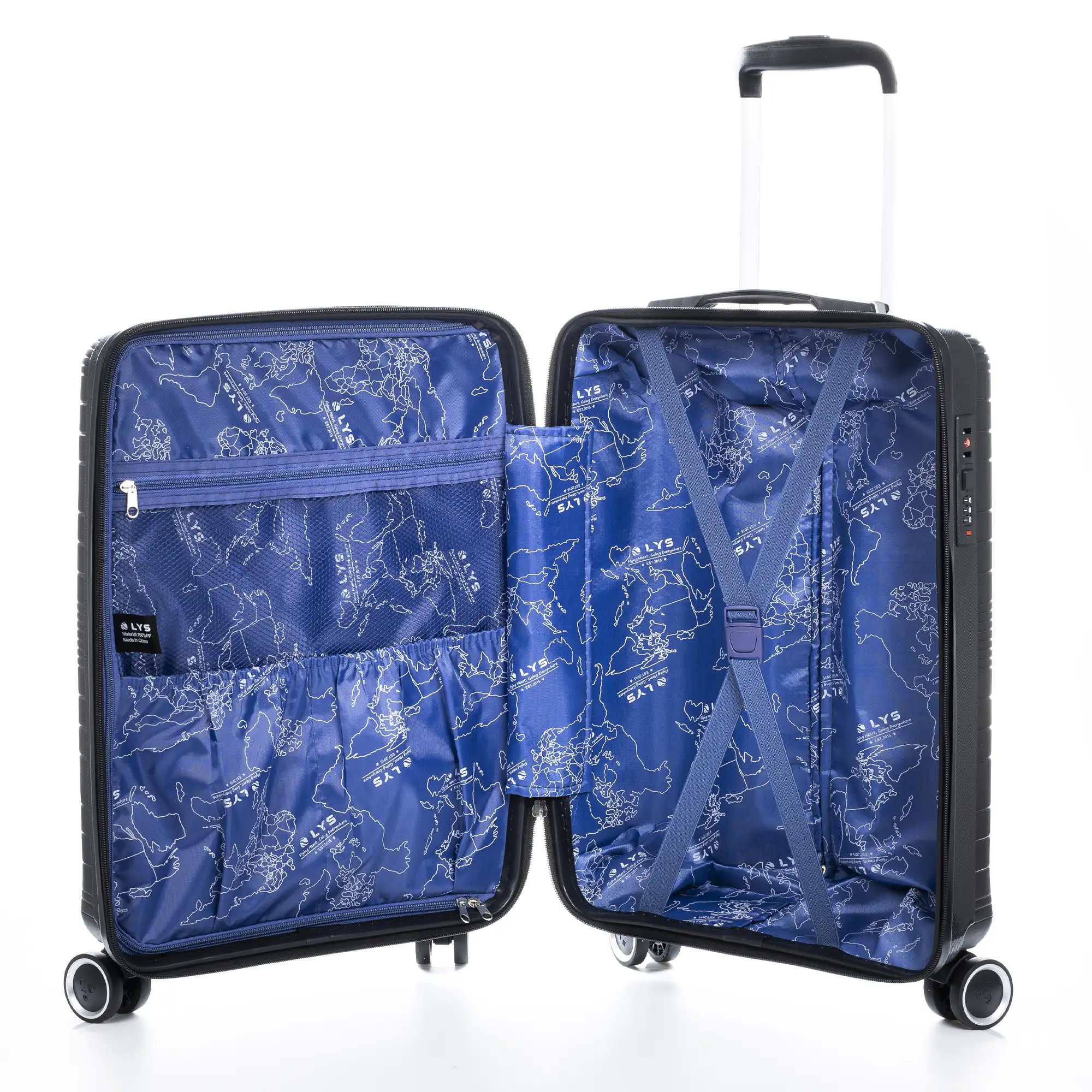 Maleta mediana Trolley de PP resistente a la rotura. Cerradura TSA numérica, 4 ruedas dobles giratorias 360°.