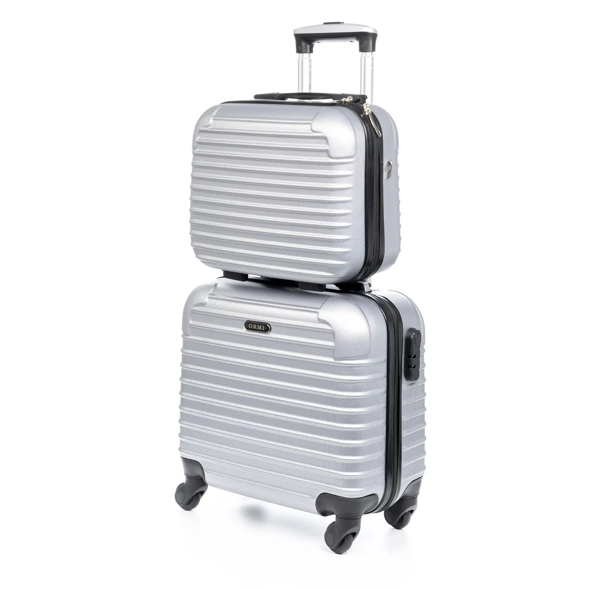 Juego de maletín Trolley y neceser, en material ligero ABS de alta resistencia. Cerradura numérica, 4 ruedas giratorias 360.