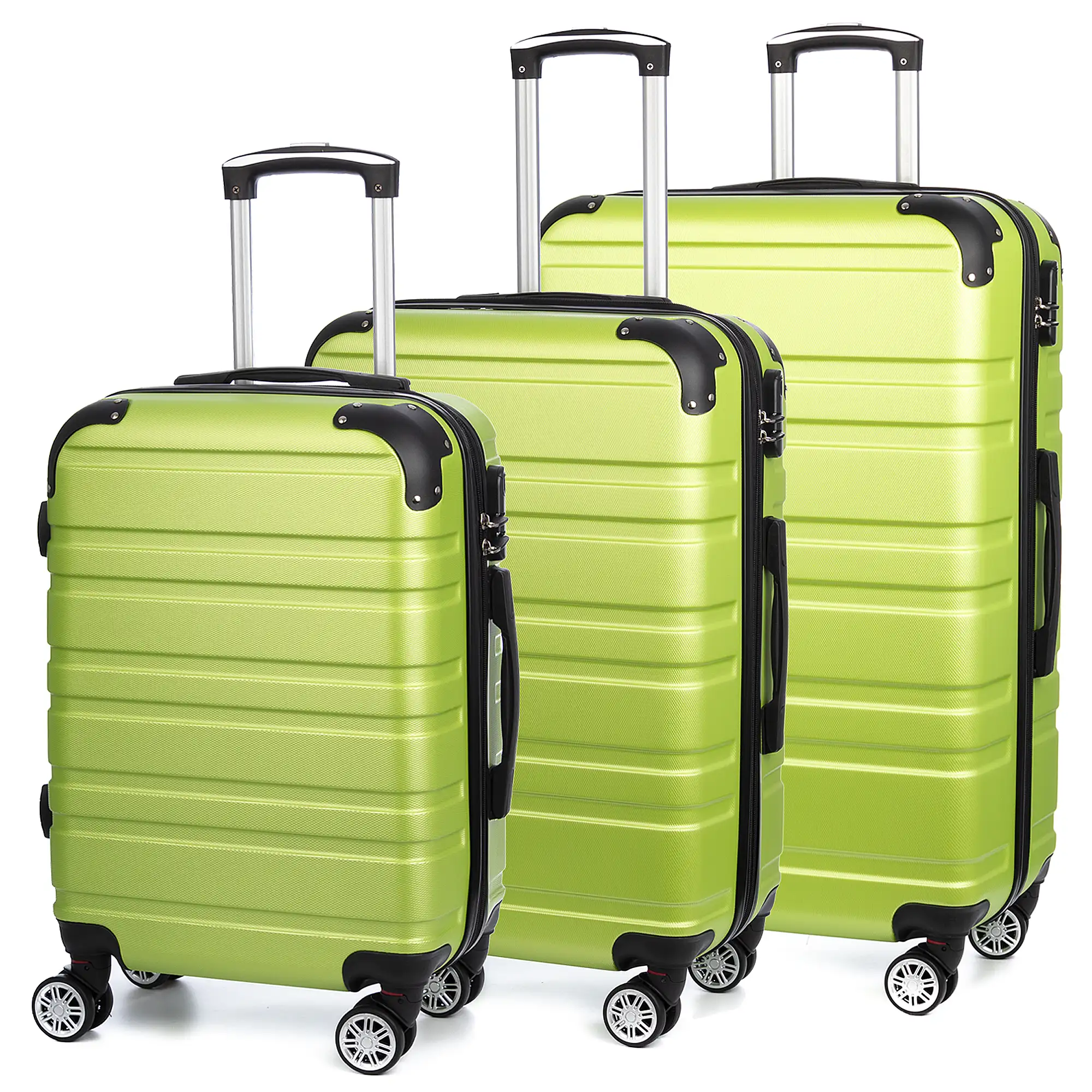 Juego de tres Maletas Trolley extensible, en material ligero ABS de alta resistencia. Cerradura numérica, 4 ruedas dobles giratorias 360°.