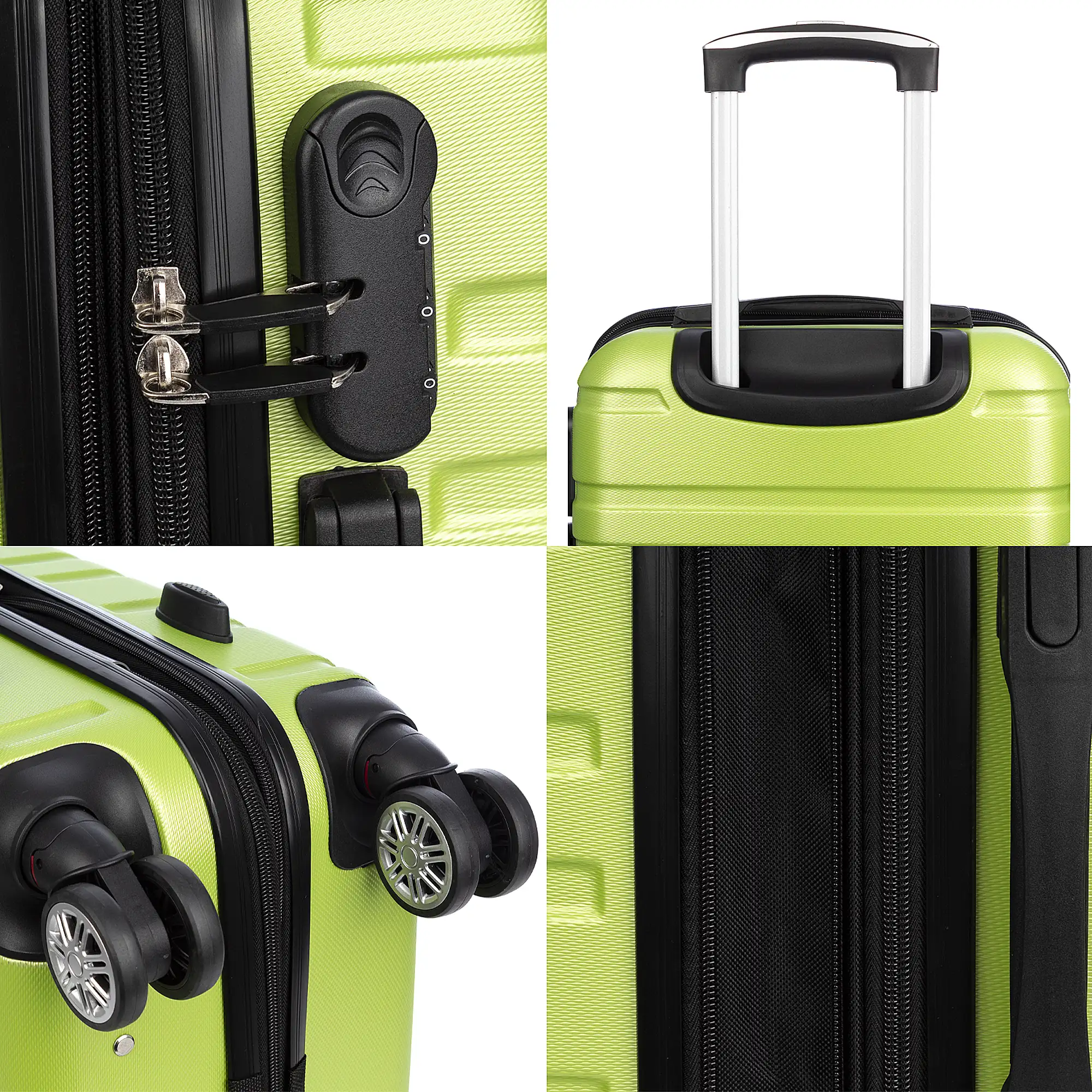 Juego de tres Maletas Trolley extensible, en material ligero ABS de alta resistencia. Cerradura numérica, 4 ruedas dobles giratorias 360°.