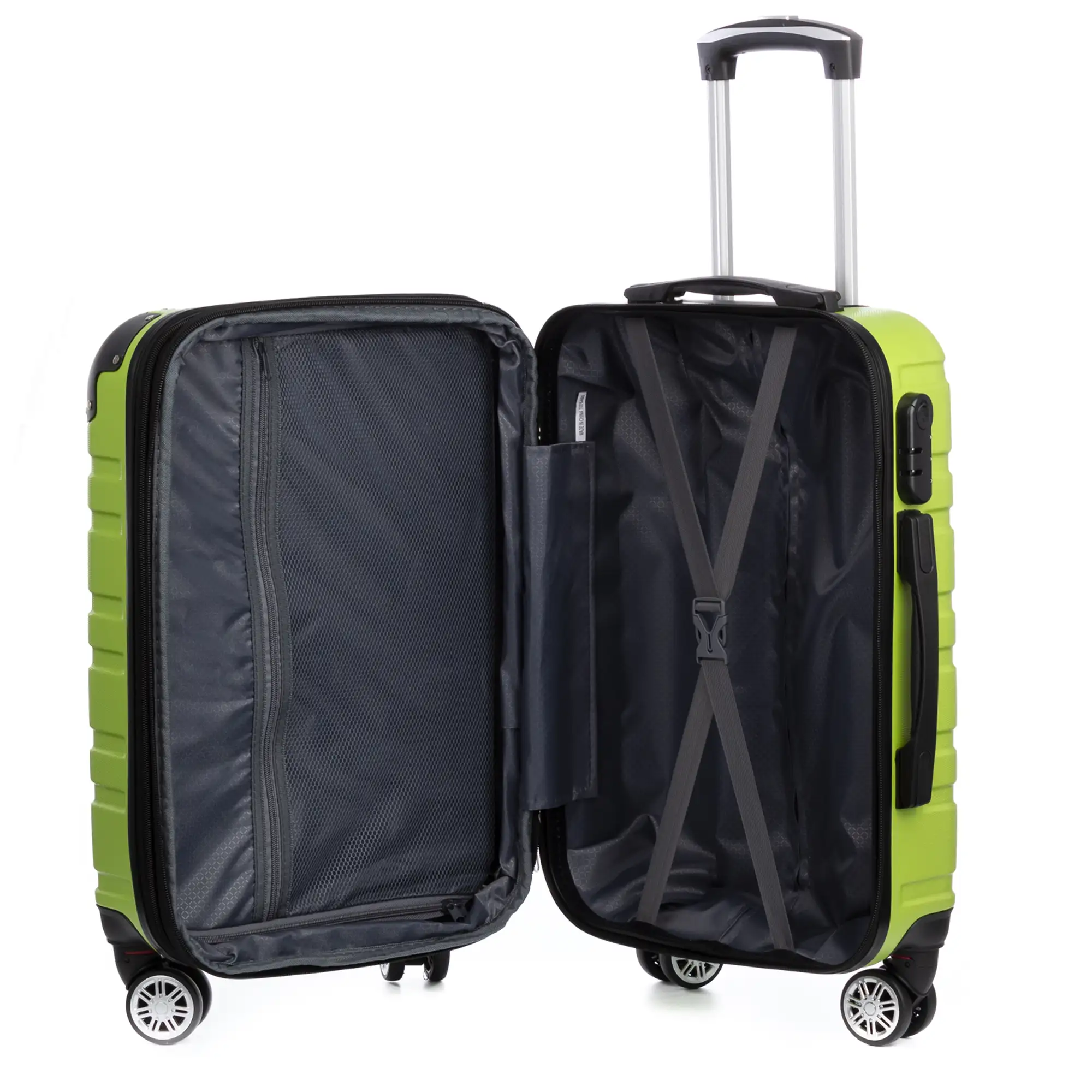 Juego de tres Maletas Trolley extensible, en material ligero ABS de alta resistencia. Cerradura numérica, 4 ruedas dobles giratorias 360°.