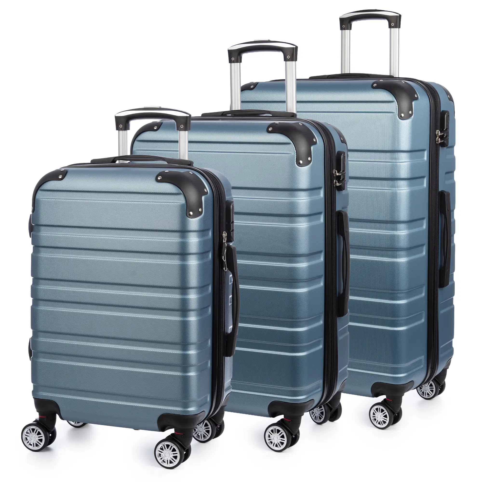 Juego de 3 maletas Trolley extensibles, en material ligero ABS de alta resistencia. Cerradura numérica, 4 ruedas dobles giratorias 360°.