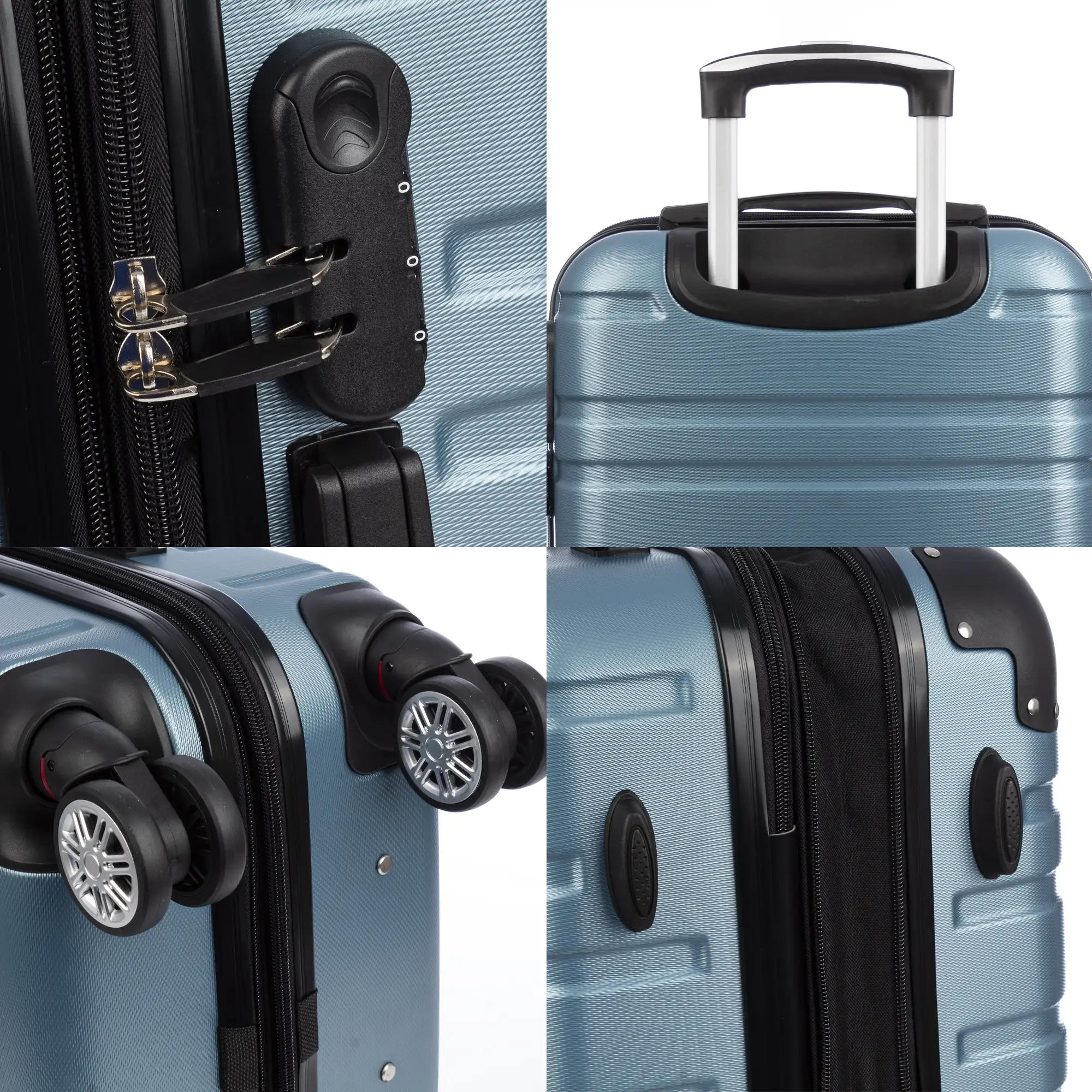 Juego de 3 maletas Trolley extensibles, en material ligero ABS de alta resistencia. Cerradura numérica, 4 ruedas dobles giratorias 360°.