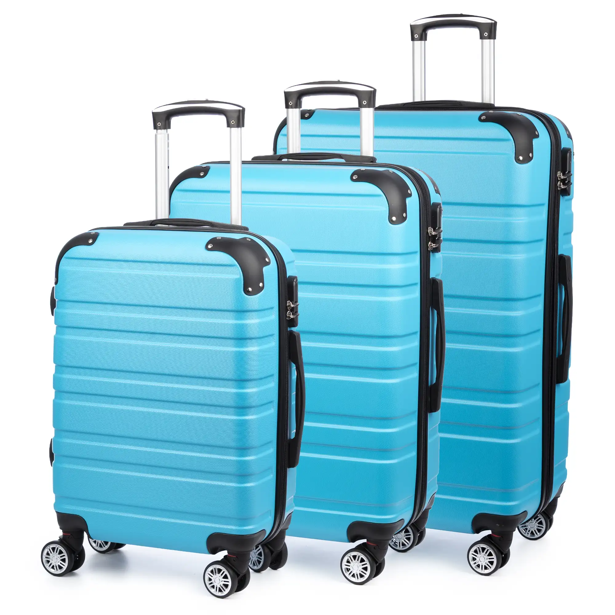 Juego de 3 maletas Trolley extensibles, en material ligero ABS de alta resistencia. Cerradura numérica, 4 ruedas dobles giratorias 360°.
