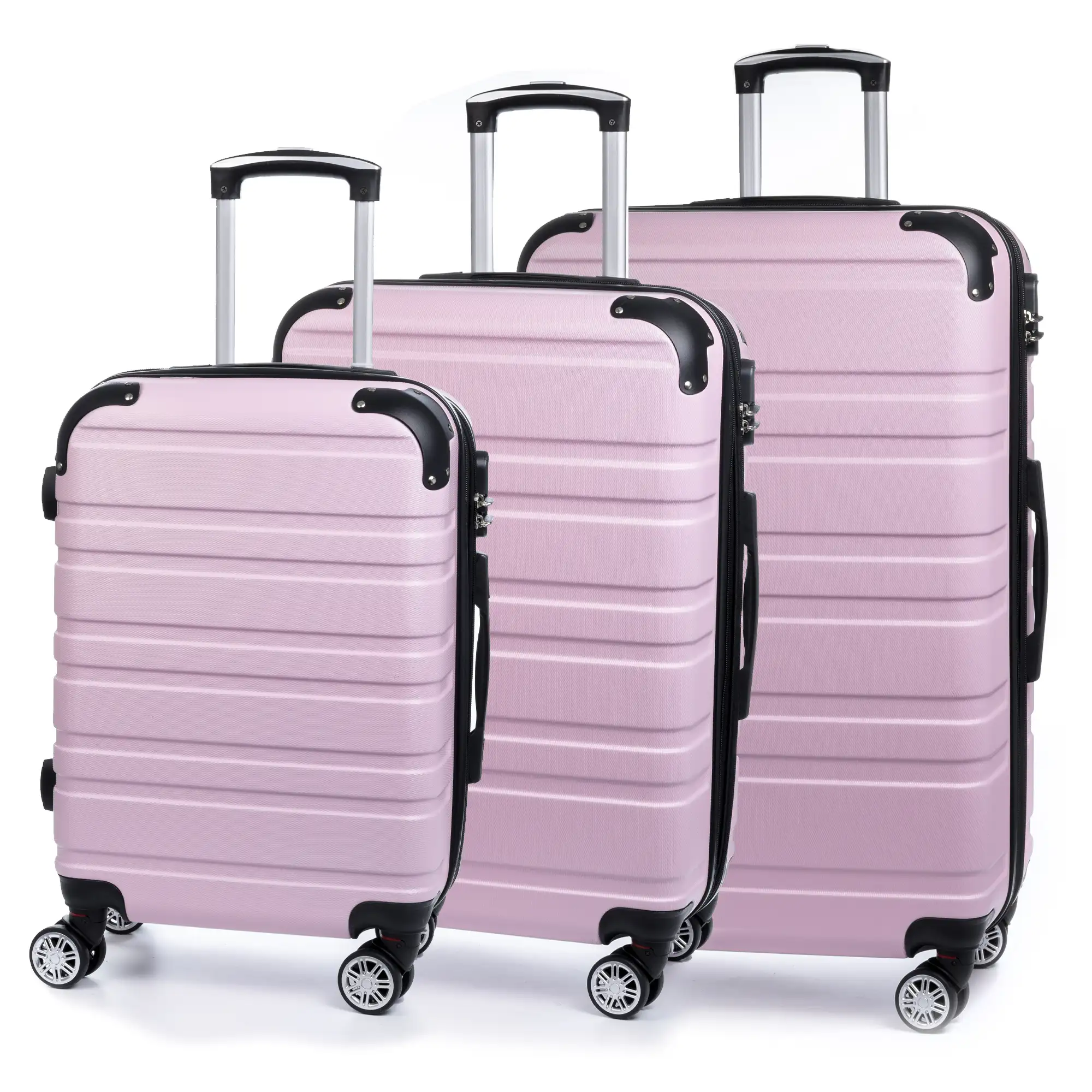 Juego de 3 maletas Trolley extensibles, en material ligero ABS de alta resistencia. Cerradura numérica, 4 ruedas dobles giratorias 360°.