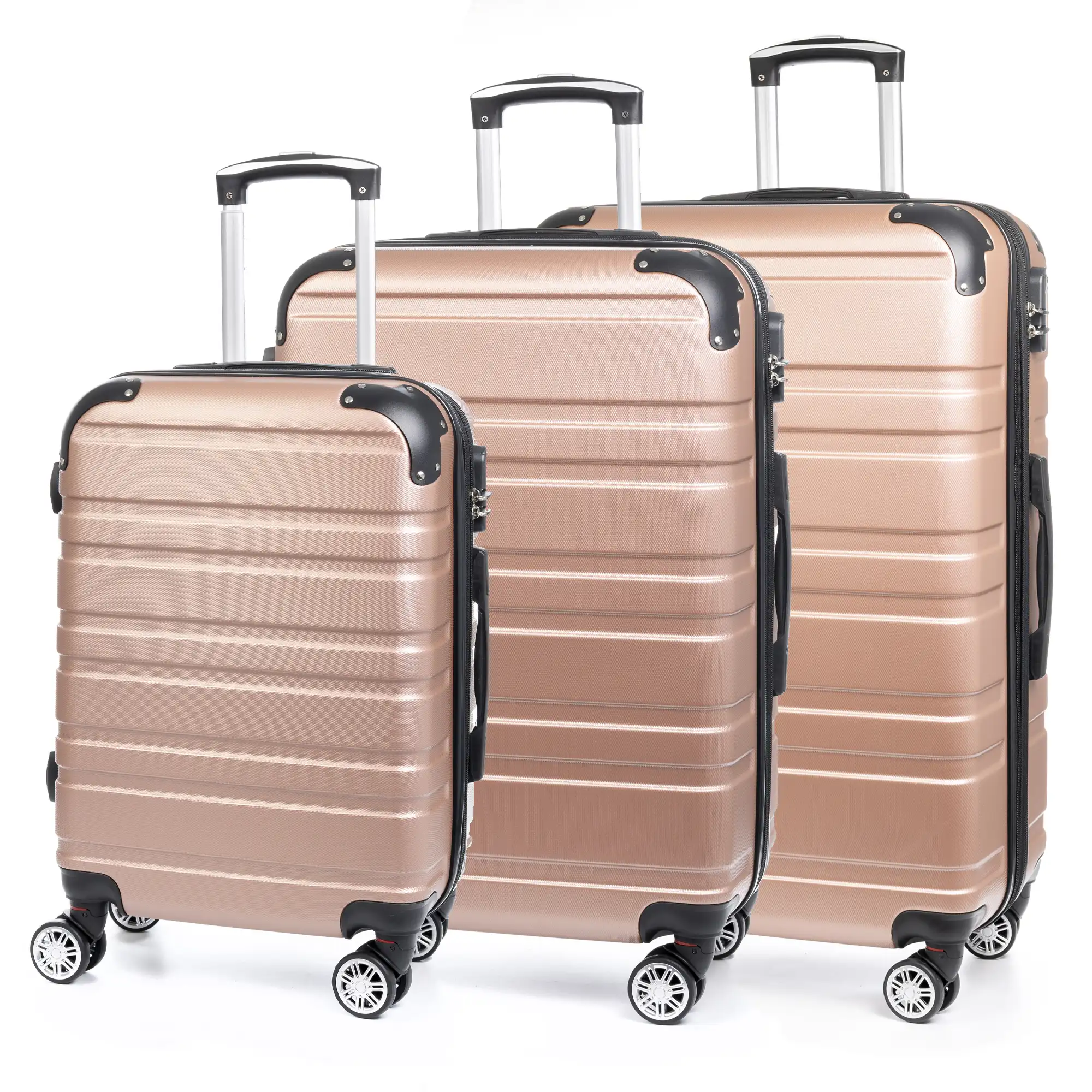 Juego de 3 maletas Trolley extensibles, en material ligero ABS de alta resistencia. Cerradura numérica, 4 ruedas dobles giratorias 360°.