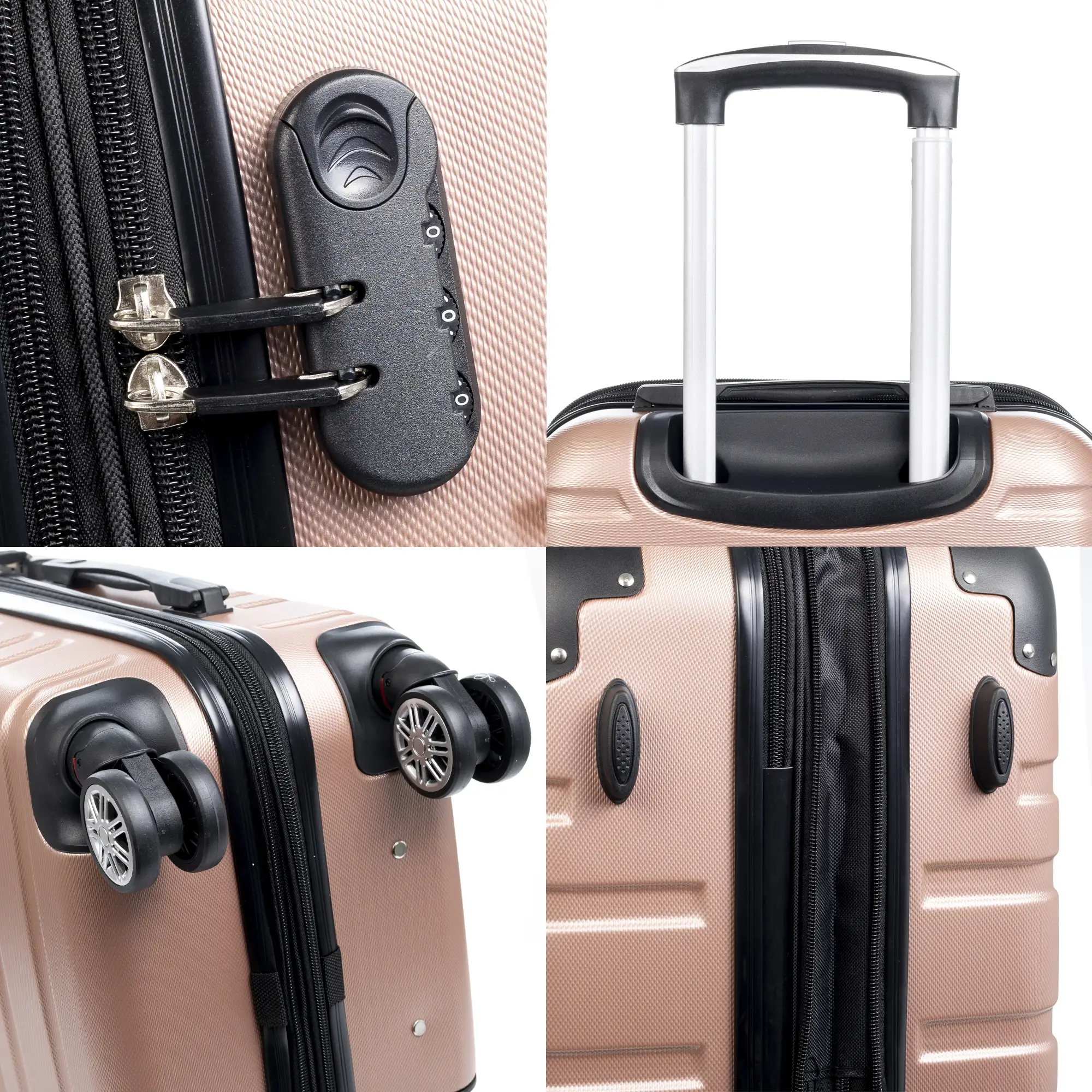 Juego de 3 maletas Trolley extensibles, en material ligero ABS de alta resistencia. Cerradura numérica, 4 ruedas dobles giratorias 360°.