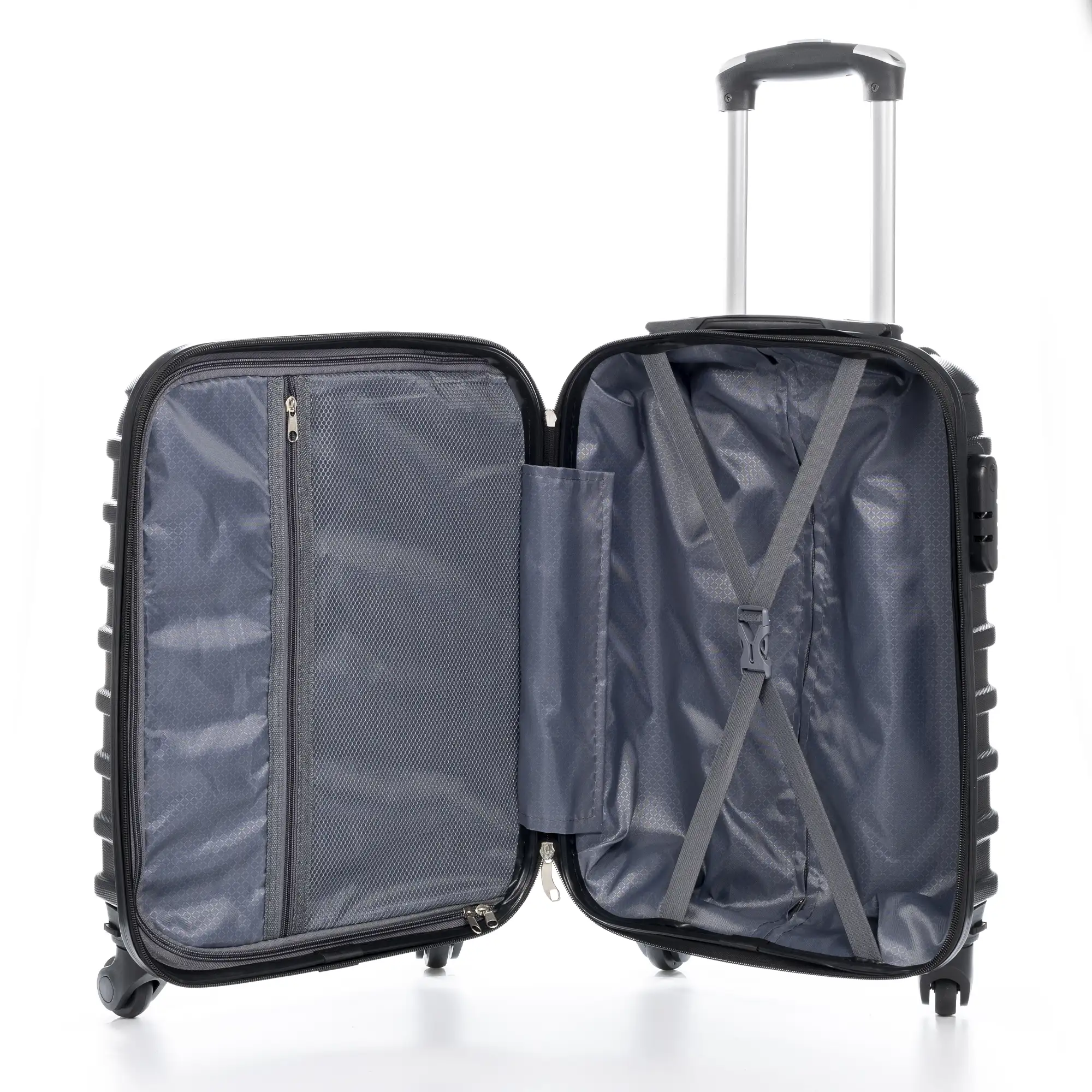 Maleta Trolley de cabina, en material ligero ABS de alta resistencia. Cerradura numérica, 4 ruedas giratorias 360°.