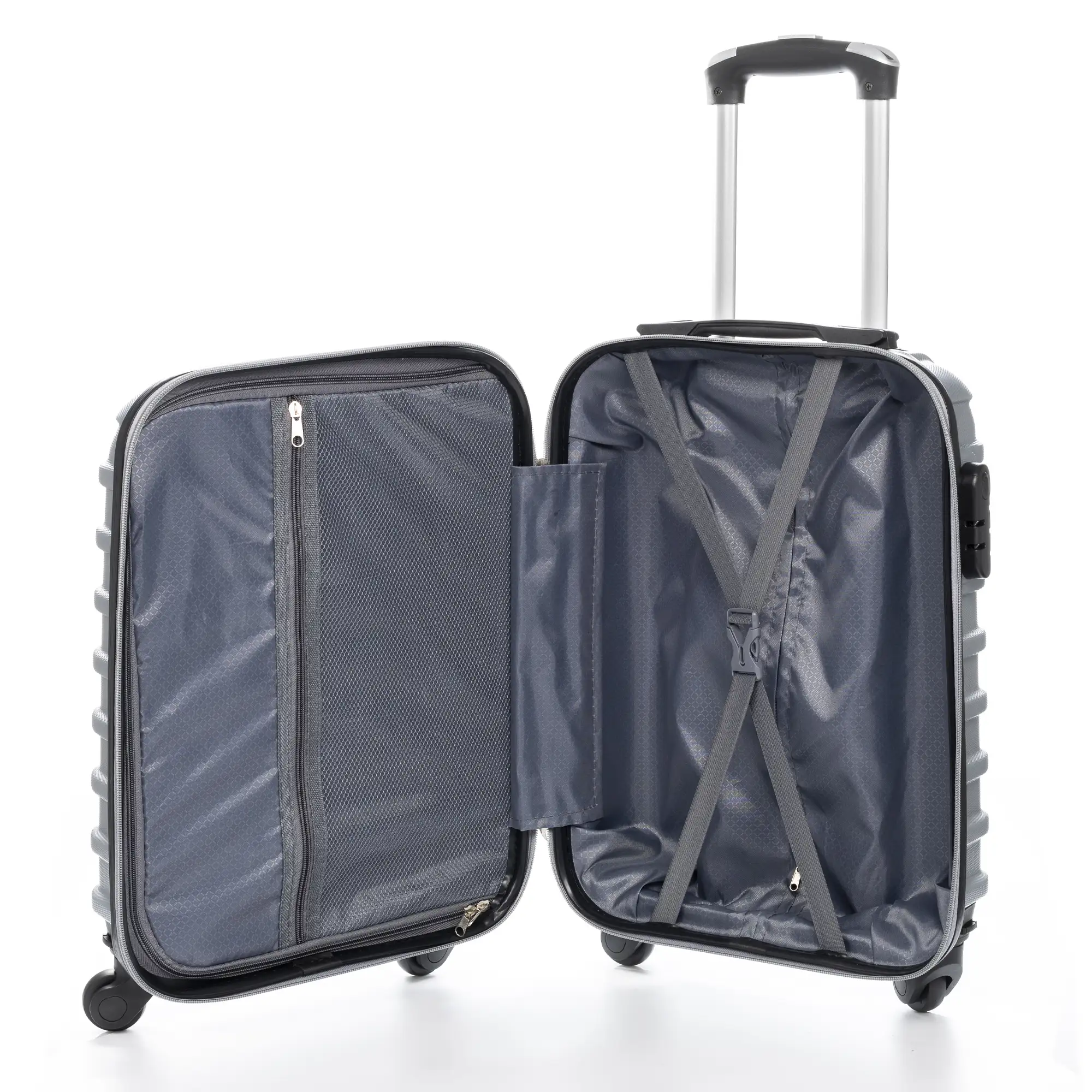 Maleta Trolley de cabina, en material ligero ABS de alta resistencia. Cerradura numérica, 4 ruedas giratorias 360°.