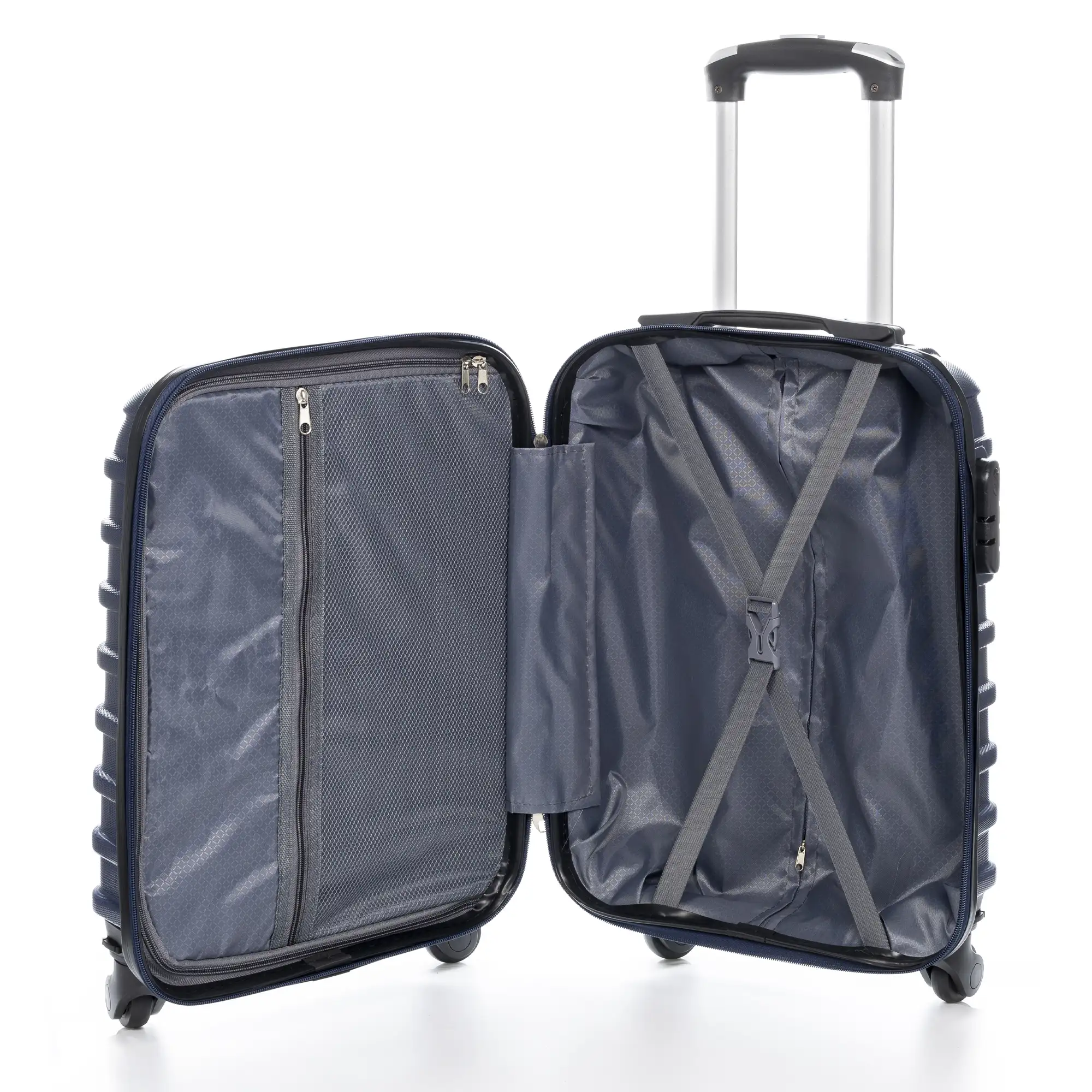 Maleta Trolley de cabina, en material ligero ABS de alta resistencia. Cerradura numérica, 4 ruedas giratorias 360°.