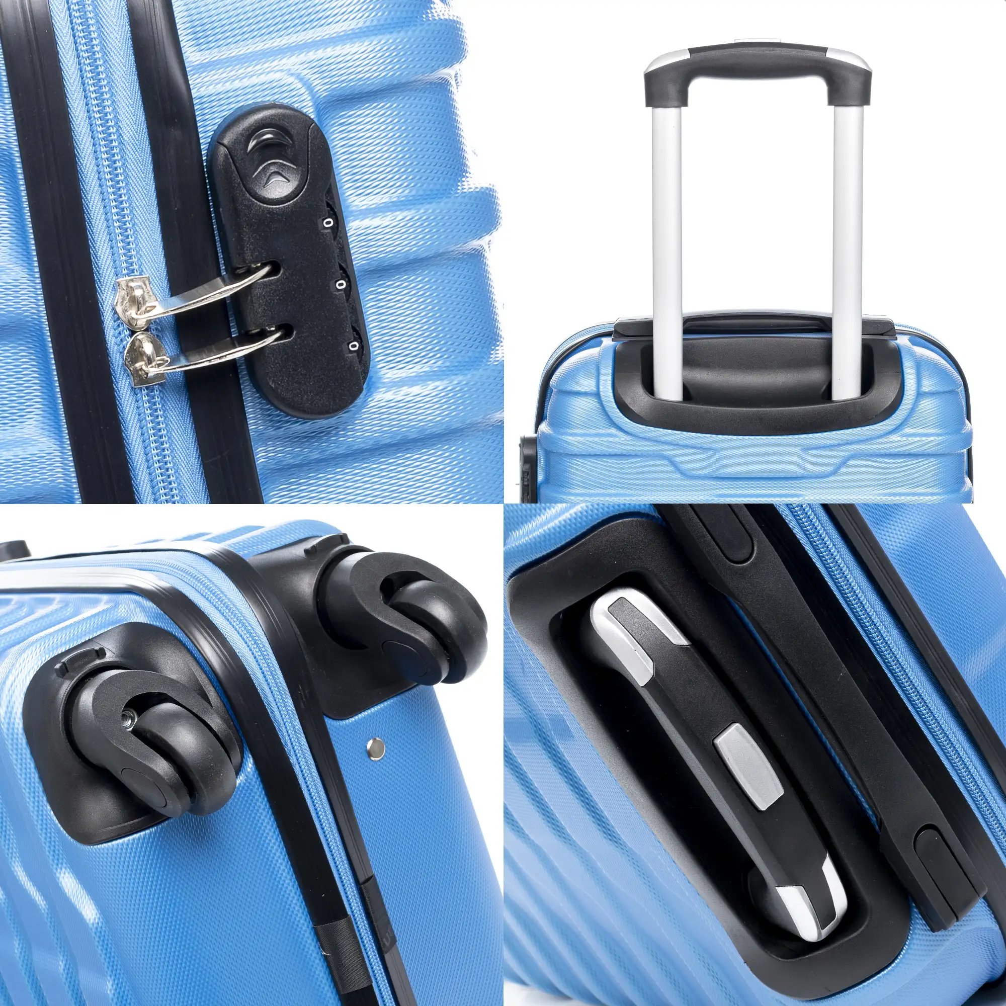 Maleta Trolley de cabina, en material ligero ABS de alta resistencia. Cerradura numérica, 4 ruedas giratorias 360°.