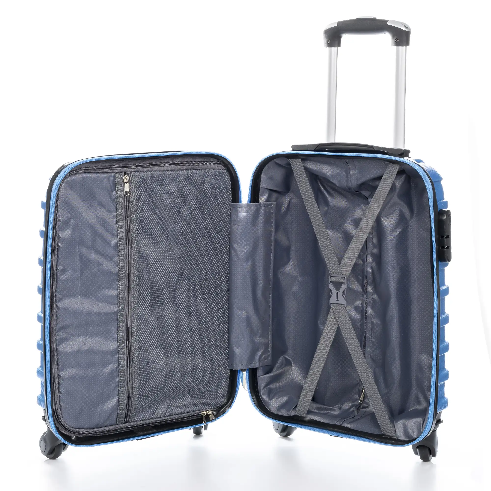Maleta Trolley de cabina, en material ligero ABS de alta resistencia. Cerradura numérica, 4 ruedas giratorias 360°.