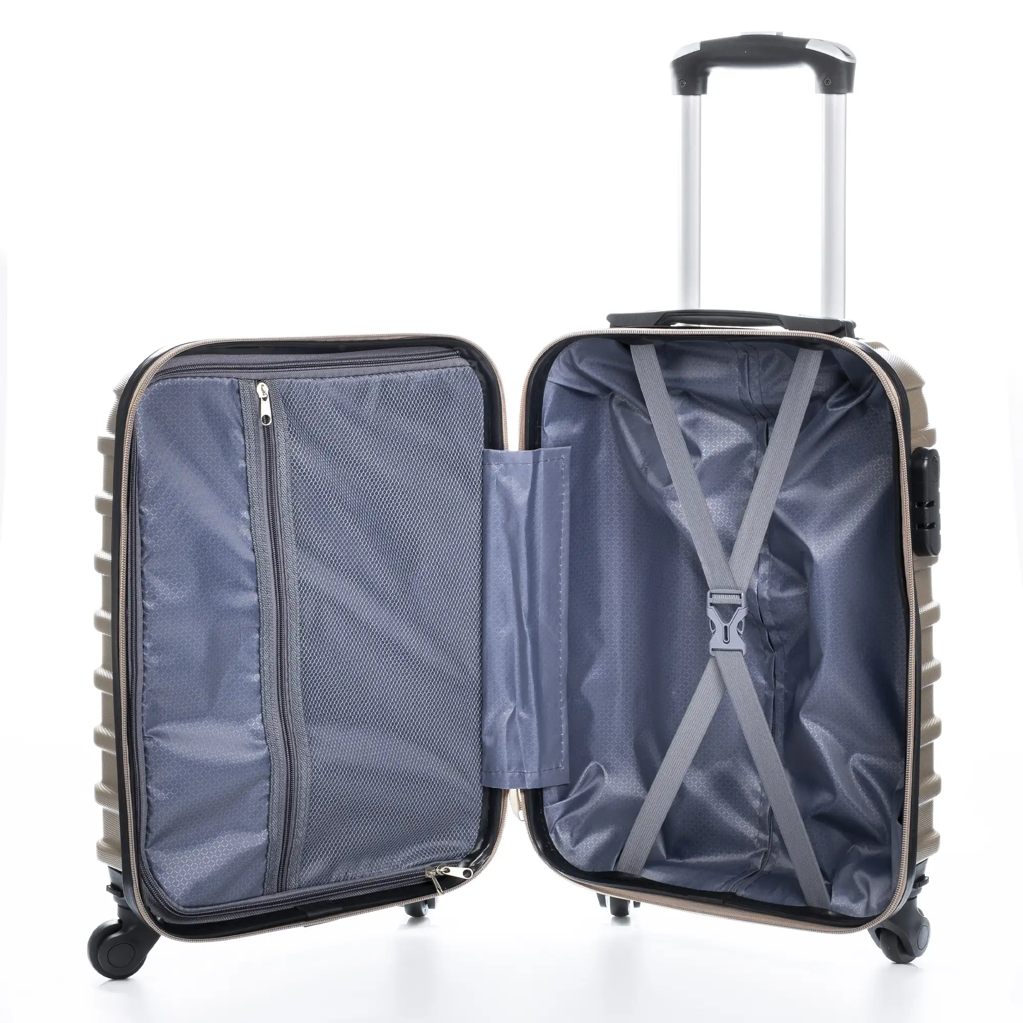 Maleta Trolley de cabina, en material ligero ABS de alta resistencia. Cerradura numérica, 4 ruedas giratorias 360°.