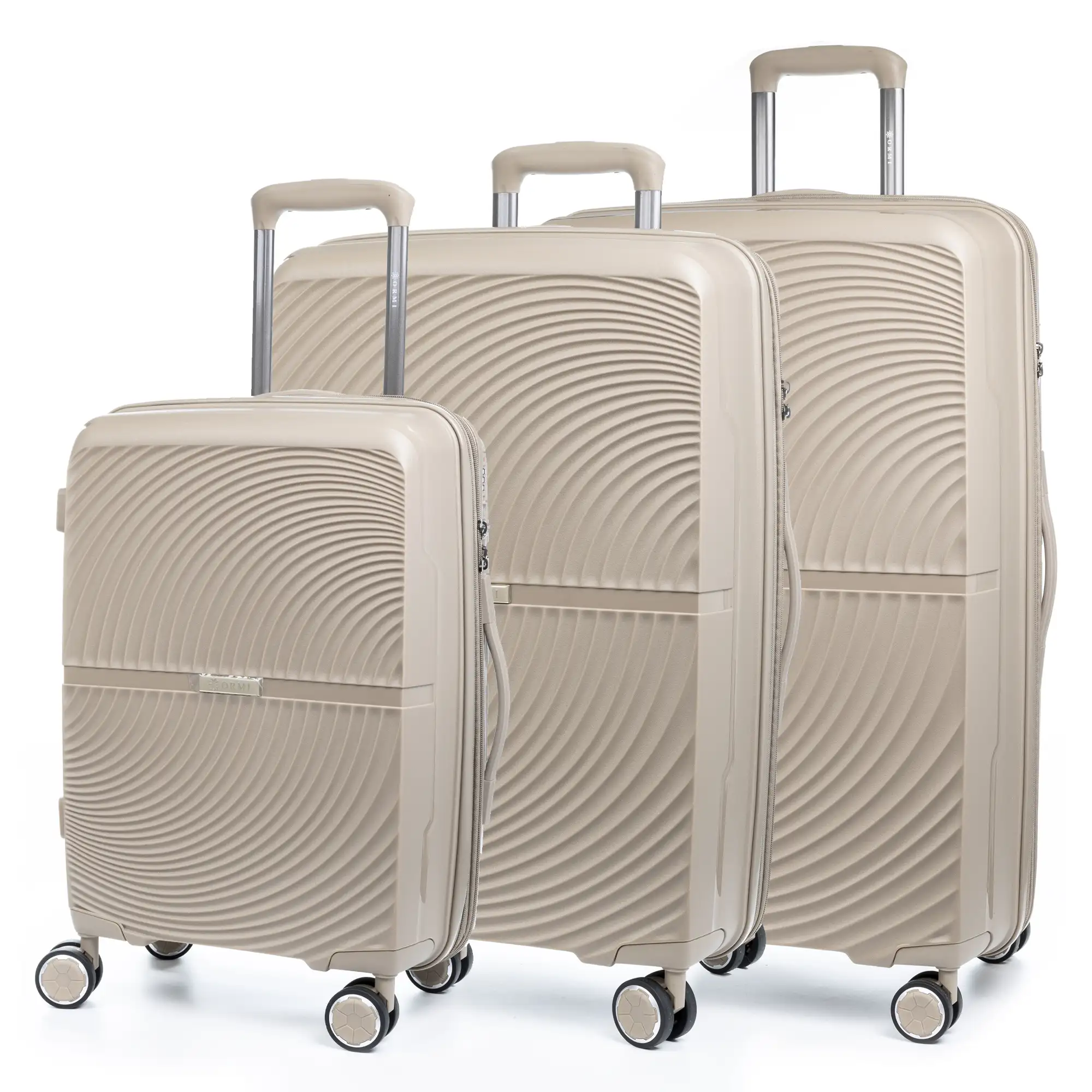 Juego de 3 maletas Trolley extensibles, en material ligero PP resistente a la rotura. Cerradura TSA numérica, 4 ruedas dobles giratorias 360°.