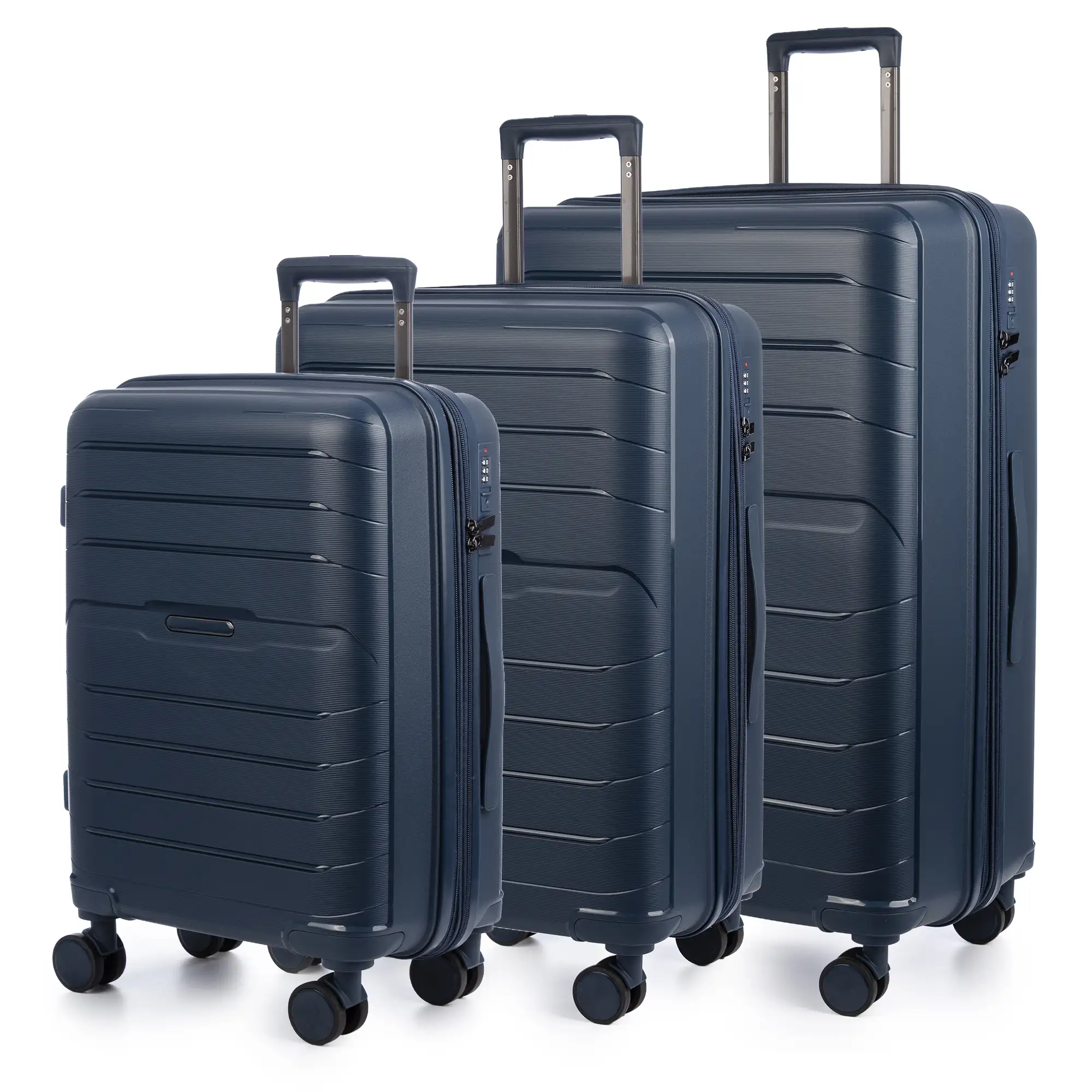 Juego de 3 maletas Trolley extensibles, en material ligero PP resistente a la rotura. Cerradura TSA numérica, 4 ruedas dobles giratorias 360°.