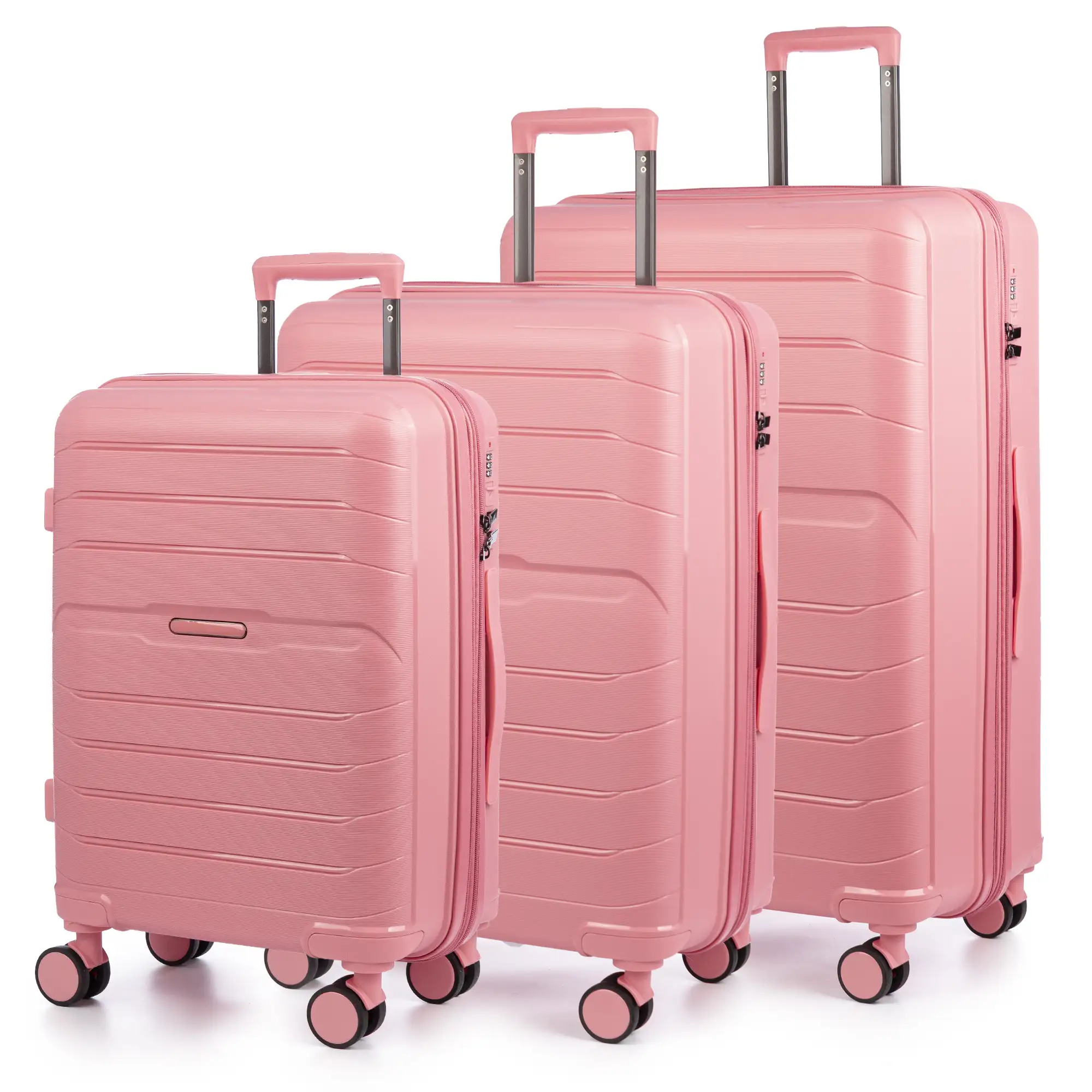 Juego de 3 maletas Trolley extensibles, en material ligero PP resistente a la rotura. Cerradura TSA numérica, 4 ruedas dobles giratorias 360°.