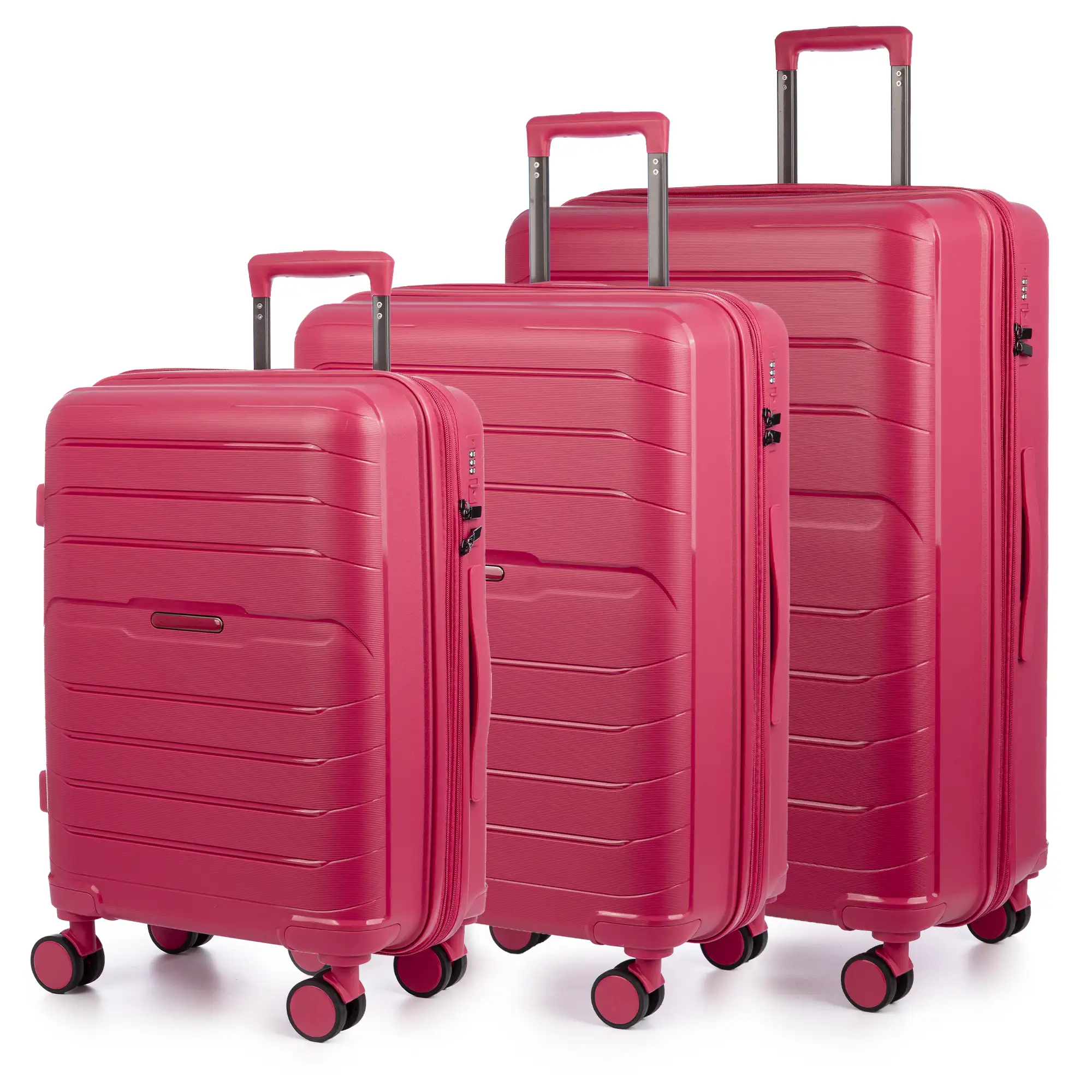 Juego de 3 maletas Trolley extensibles, en material ligero PP resistente a la rotura. Cerradura TSA numérica, 4 ruedas dobles giratorias 360°.