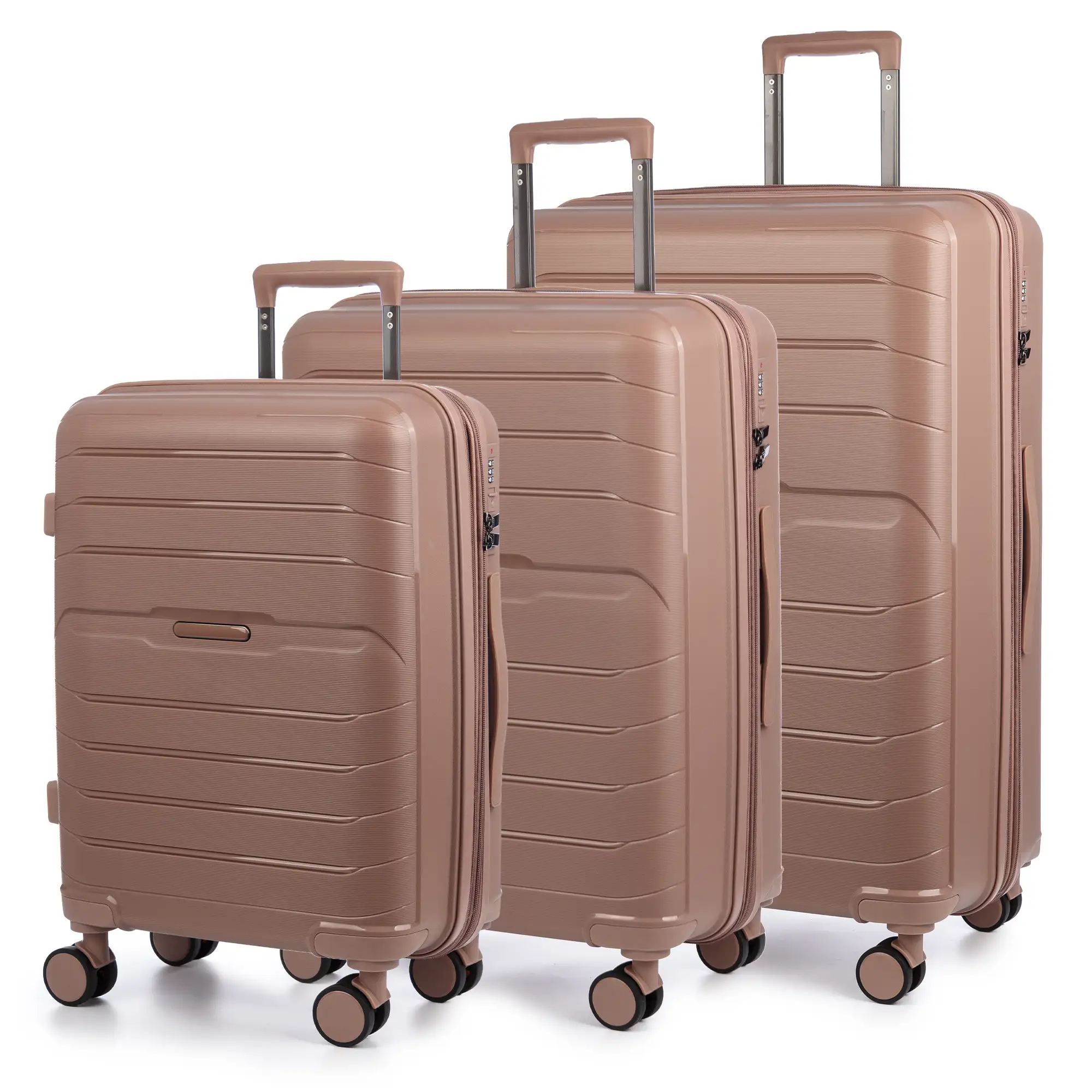 Juego de 3 maletas Trolley extensibles, en material ligero PP resistente a la rotura. Cerradura TSA numérica, 4 ruedas dobles giratorias 360°.