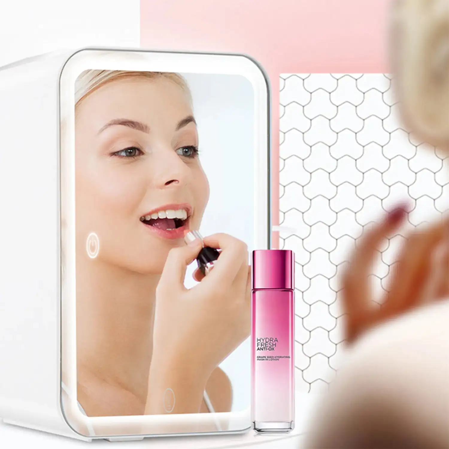 Refrigerador de belleza, mini nevera para maquillaje portátil de 6 litros, modo de iluminación espejo LED. Frio/Calor (2-65 gr C)