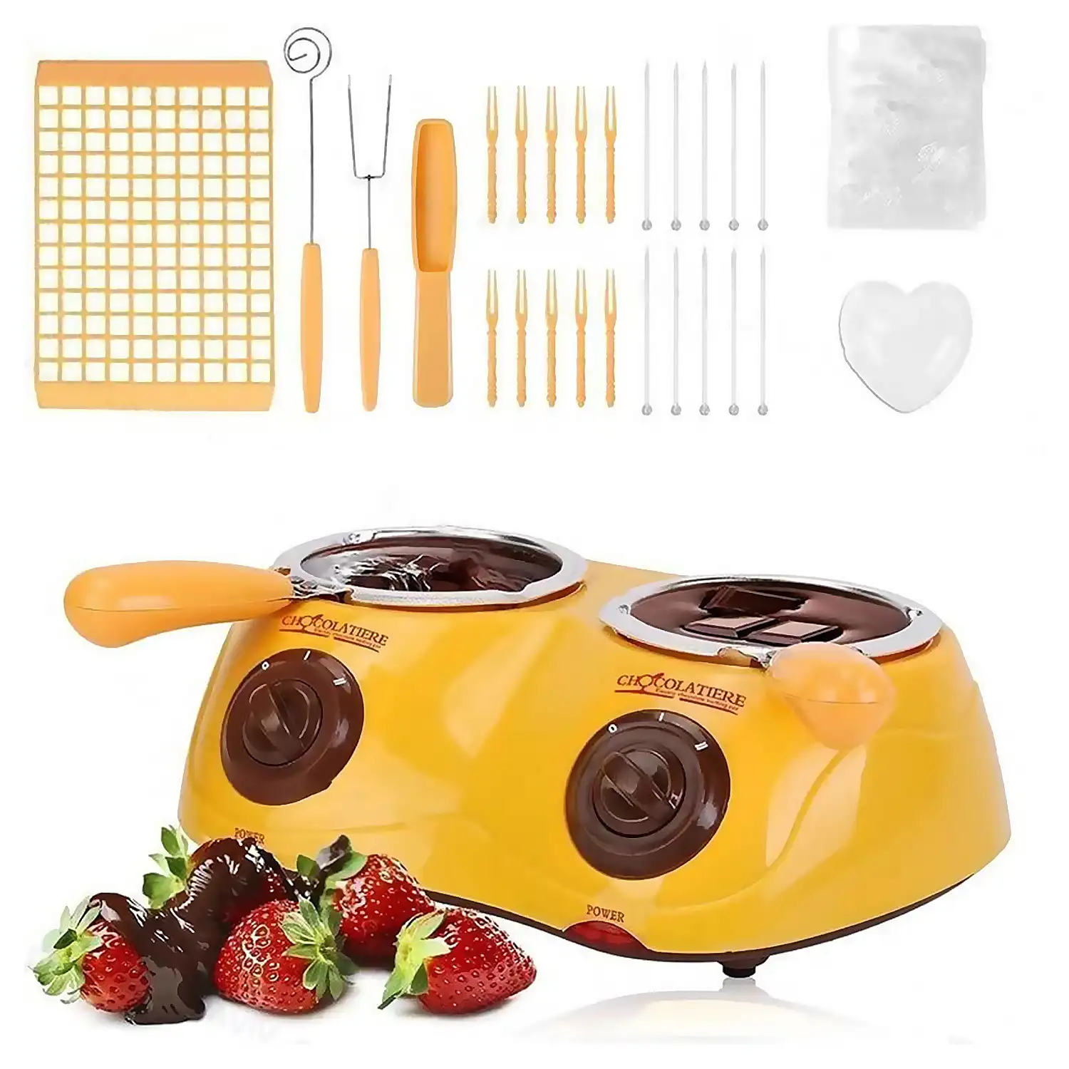 Chocolatera eléctrica doble con multiples accesorios para preparar tus mejores creaciones, sin agua. Doble cazo 250 ml.