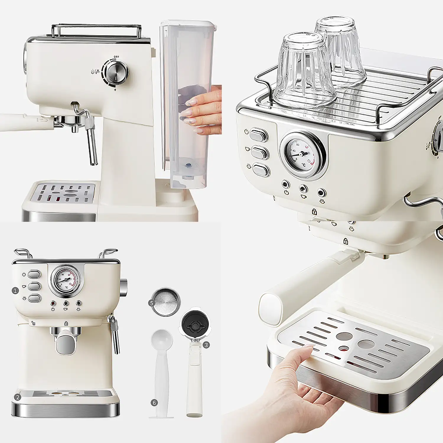Cafetera Express retro profesional 20 bares,1050 W, depósito 1.5L y con control temperatura NTC, modos multiples. 