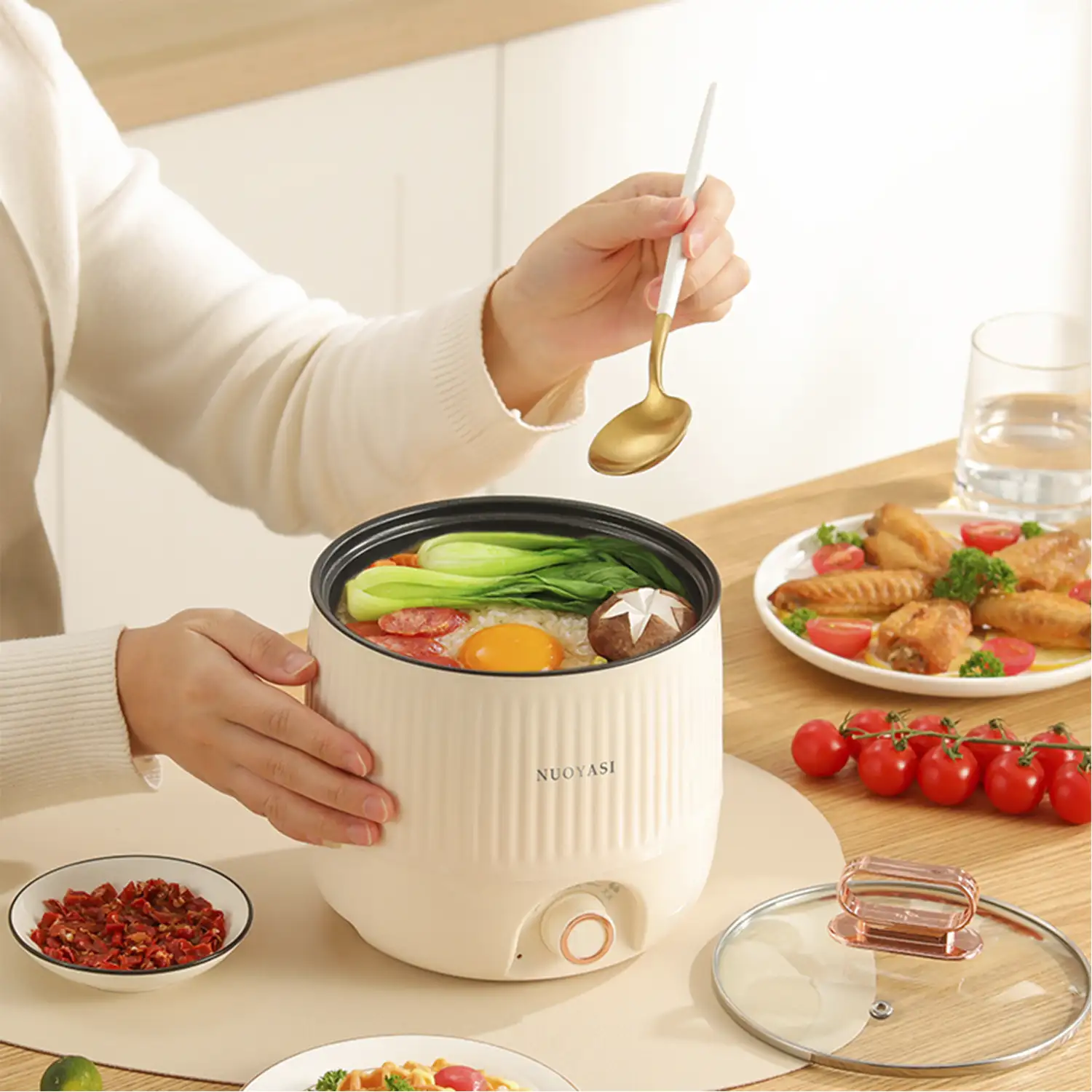Olla multifunción eléctrica, Hot pot, arrocera, con aislamiento térmico (6h), depósito 1.8L antiadherente, 400W