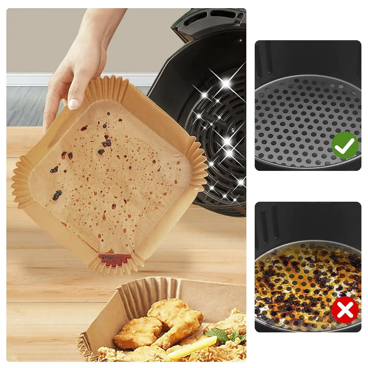 Papel para freidora de aire, 50 piezas, cuadrado, papel vegetal de horno antiadherente desechable sin perforar para hornear asar microondas sartén (20cm)