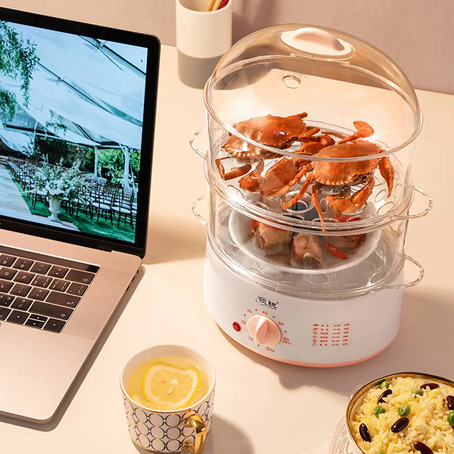 Vaporera eléctrica doble nivel transparente multiusos libre BPA, tecnología envolvente 360º.