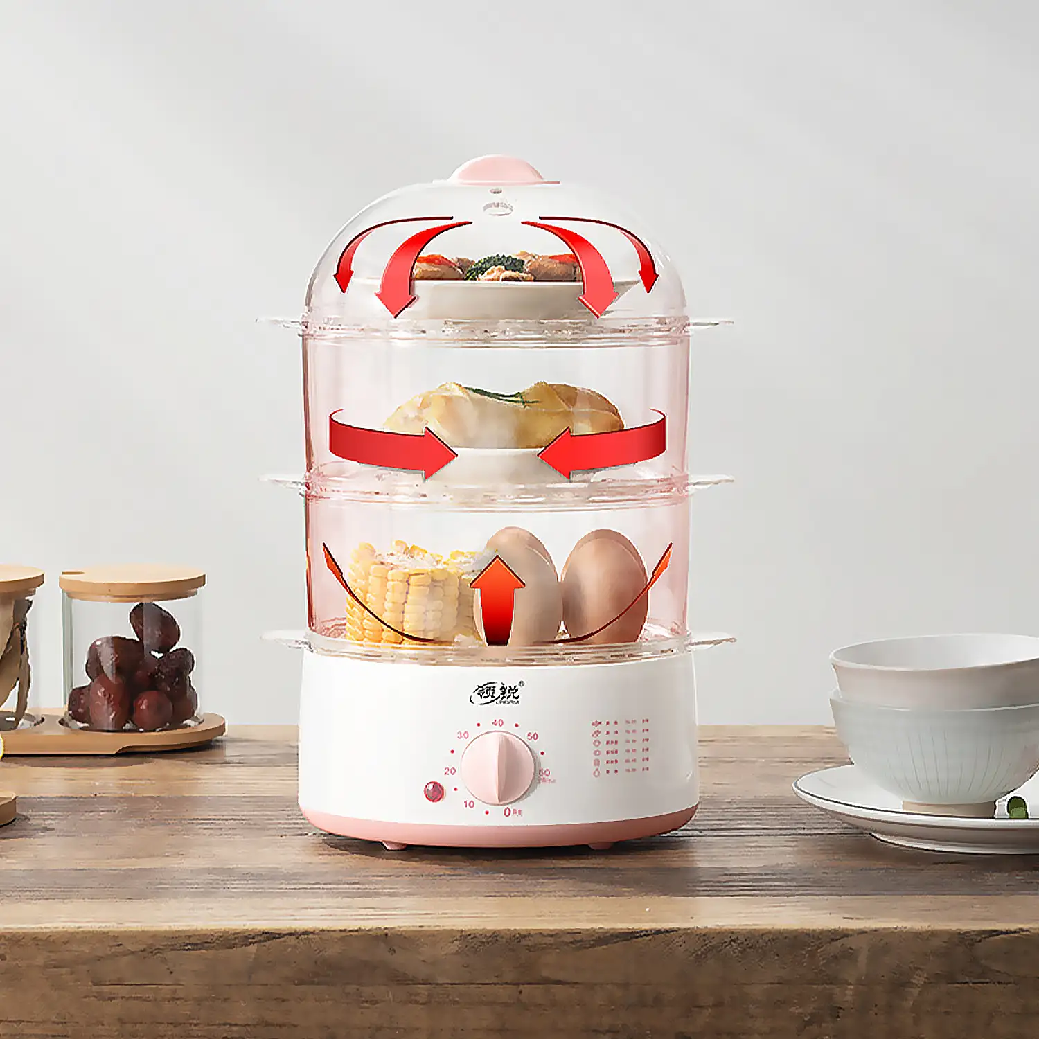 Vaporera eléctrica triple nivel transparente multiusos libre BPA, tecnología envolvente 360º.