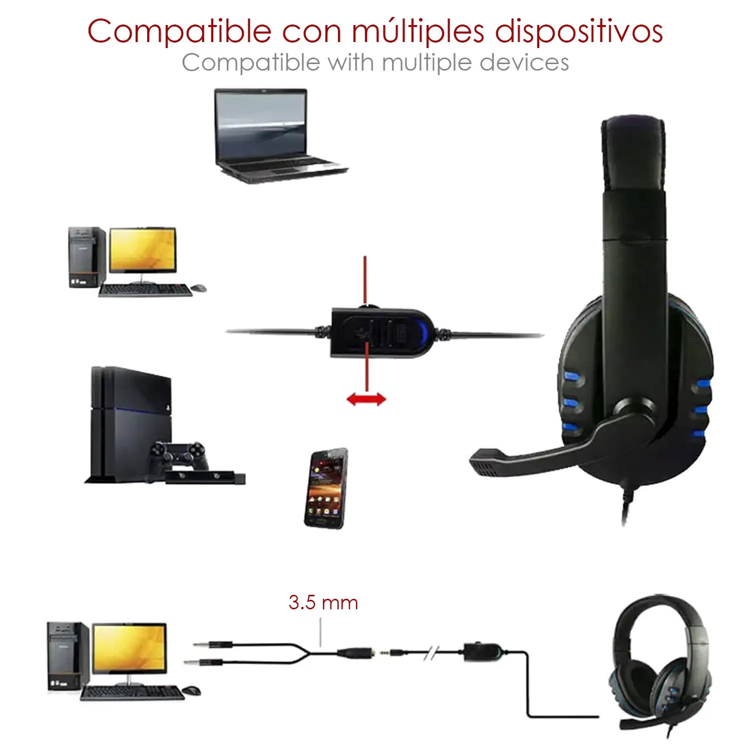 Headset PS488. Auriculares gaming con micro, conexión minijack y audio + micro separado. PS4, Xbox One, móvil, tablet, etc.