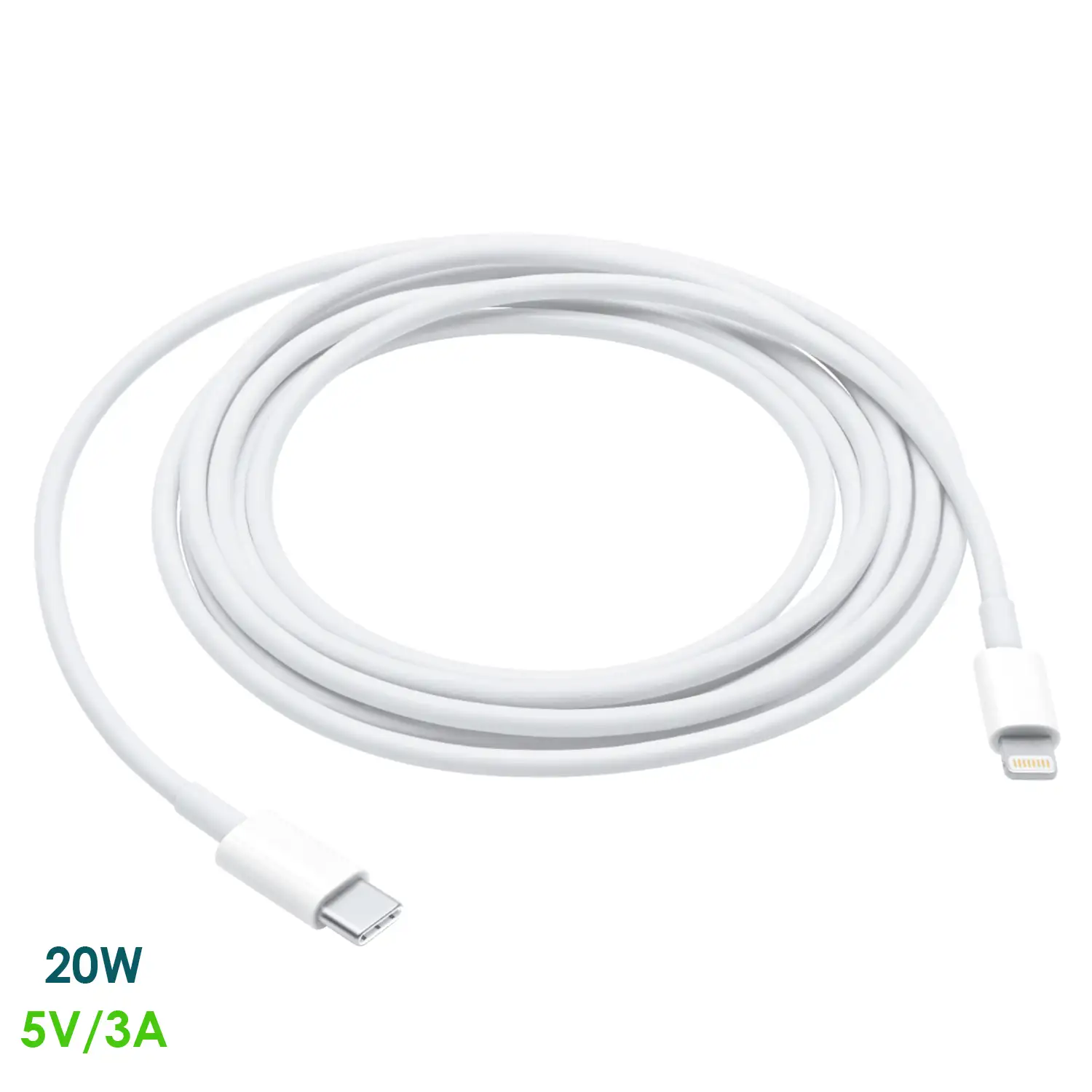 Cable de datos y carga Tipo C a Lightning 8 pins (macho). Carga rápida, 3A, 20W, 2 metros.