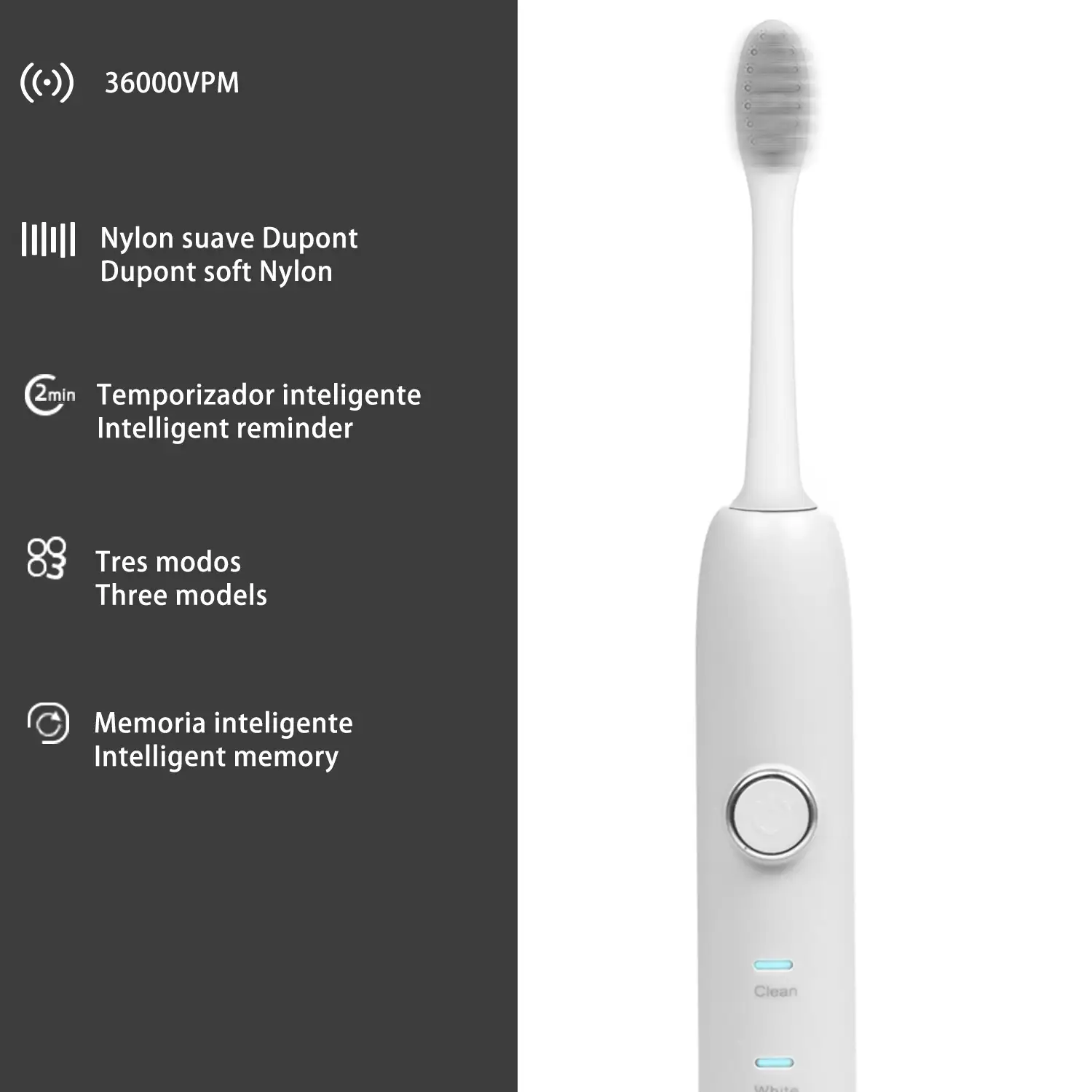 Cepillo de dientes eléctrico con batería recargable y cabezal. Carga inalámbrica inductiva.