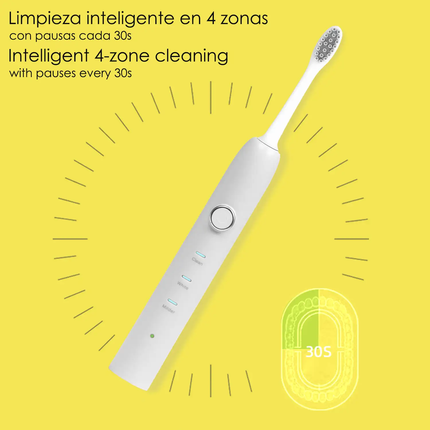 Cepillo de dientes eléctrico con batería recargable y cabezal. Carga inalámbrica inductiva.