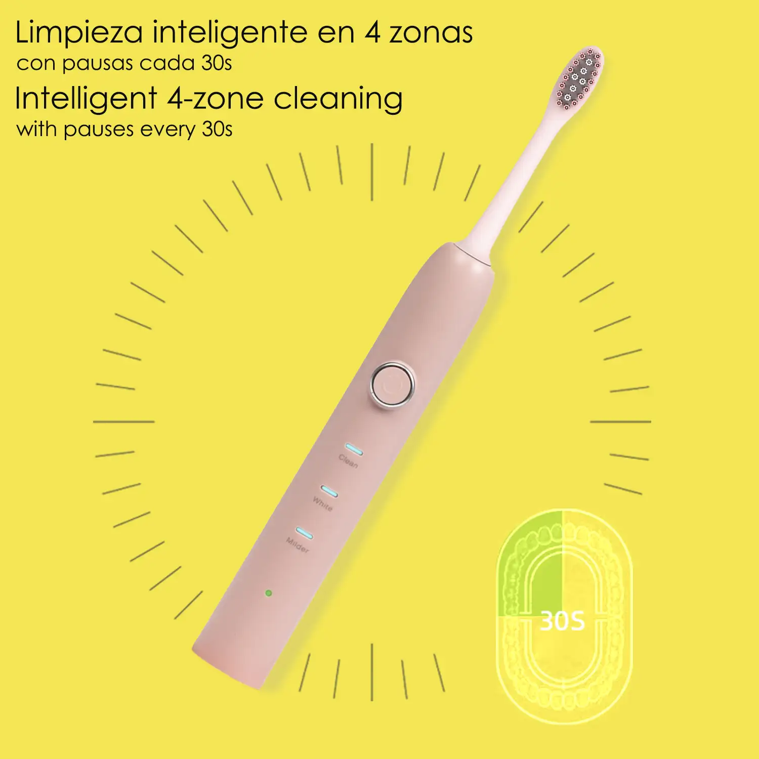 Cepillo de dientes eléctrico con batería recargable y cabezal. Carga inalámbrica inductiva.