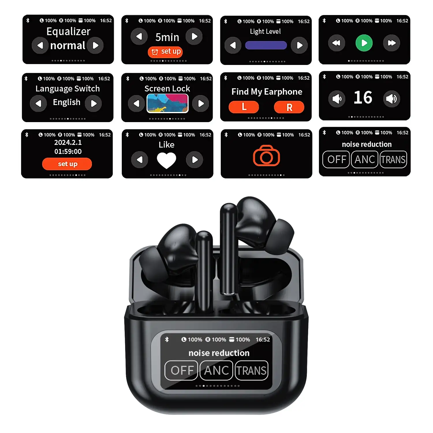 Auriculares TWS KW-07, BT 5.4, con cancelación de ruido activo ANC. Base de carga con pantalla LED y hasta 6 horas de autonomía.