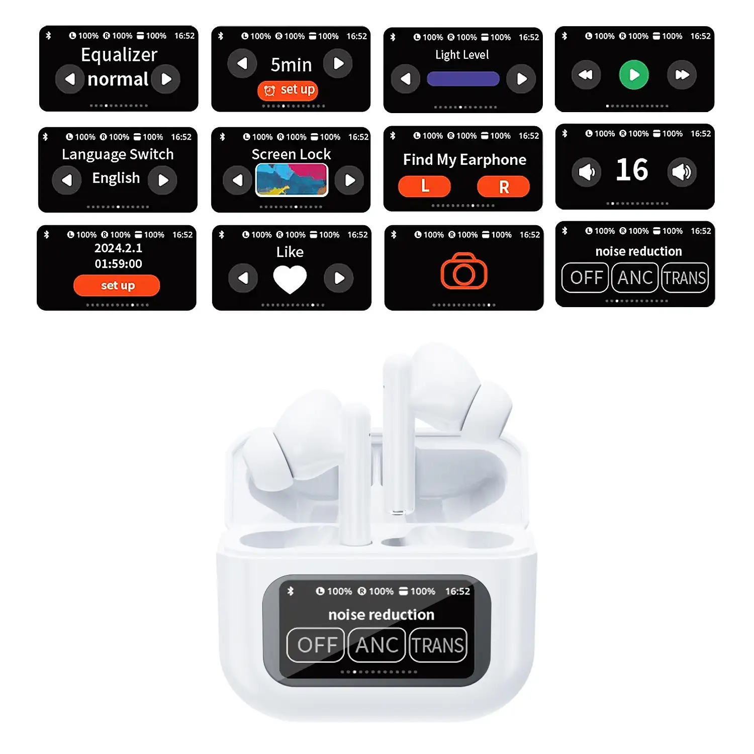 Auriculares TWS KW-07, BT 5.4, con cancelación de ruido activo ANC. Base de carga con pantalla LED y hasta 6 horas de autonomía.