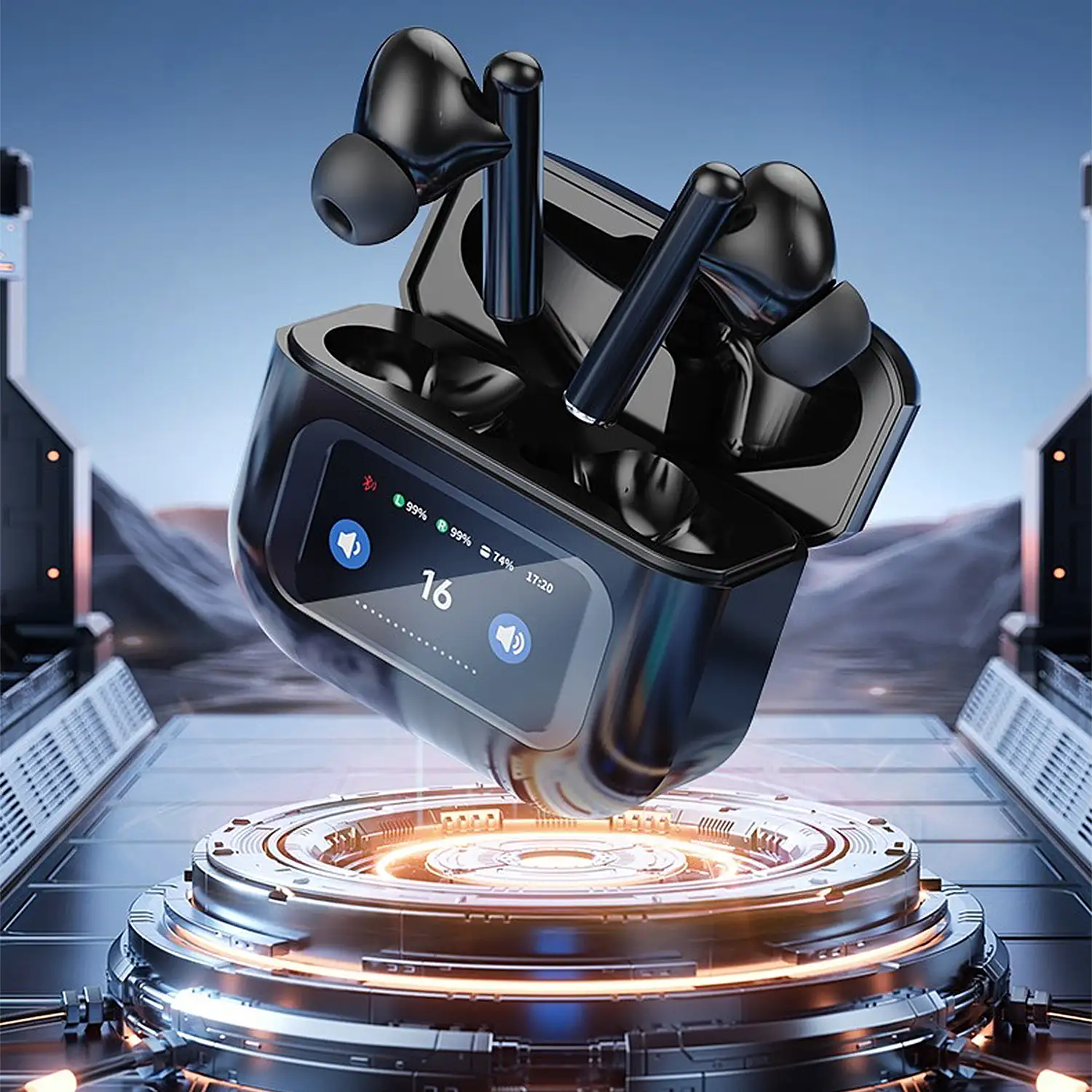 Auriculares TWS KW-07, BT 5.4, con cancelación de ruido activo ANC. Base de carga con pantalla LED y hasta 6 horas de autonomía.