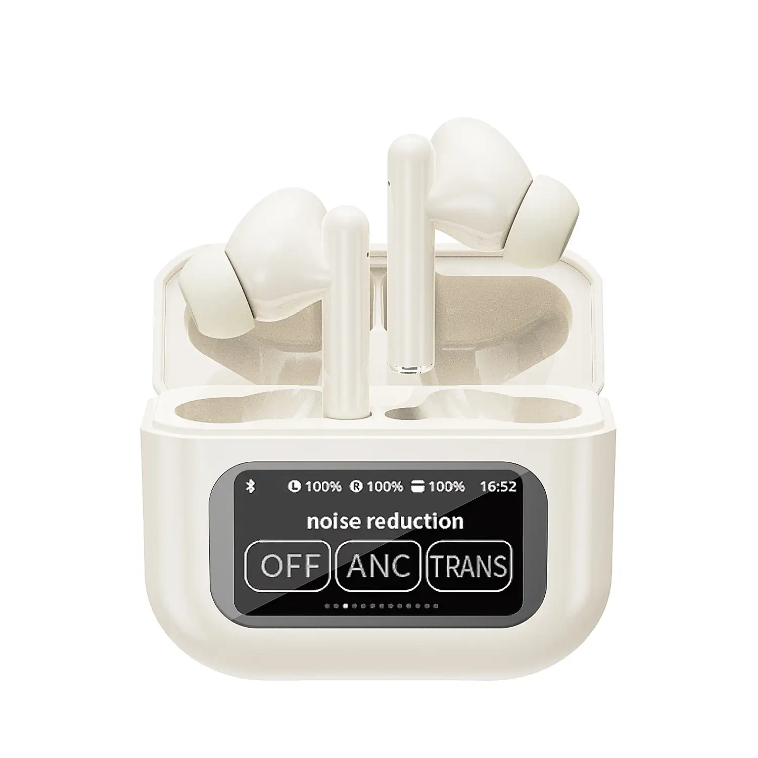Auriculares TWS KW-07, BT 5.4, con cancelación de ruido activo ANC. Base de carga con pantalla LED y hasta 6 horas de autonomía.