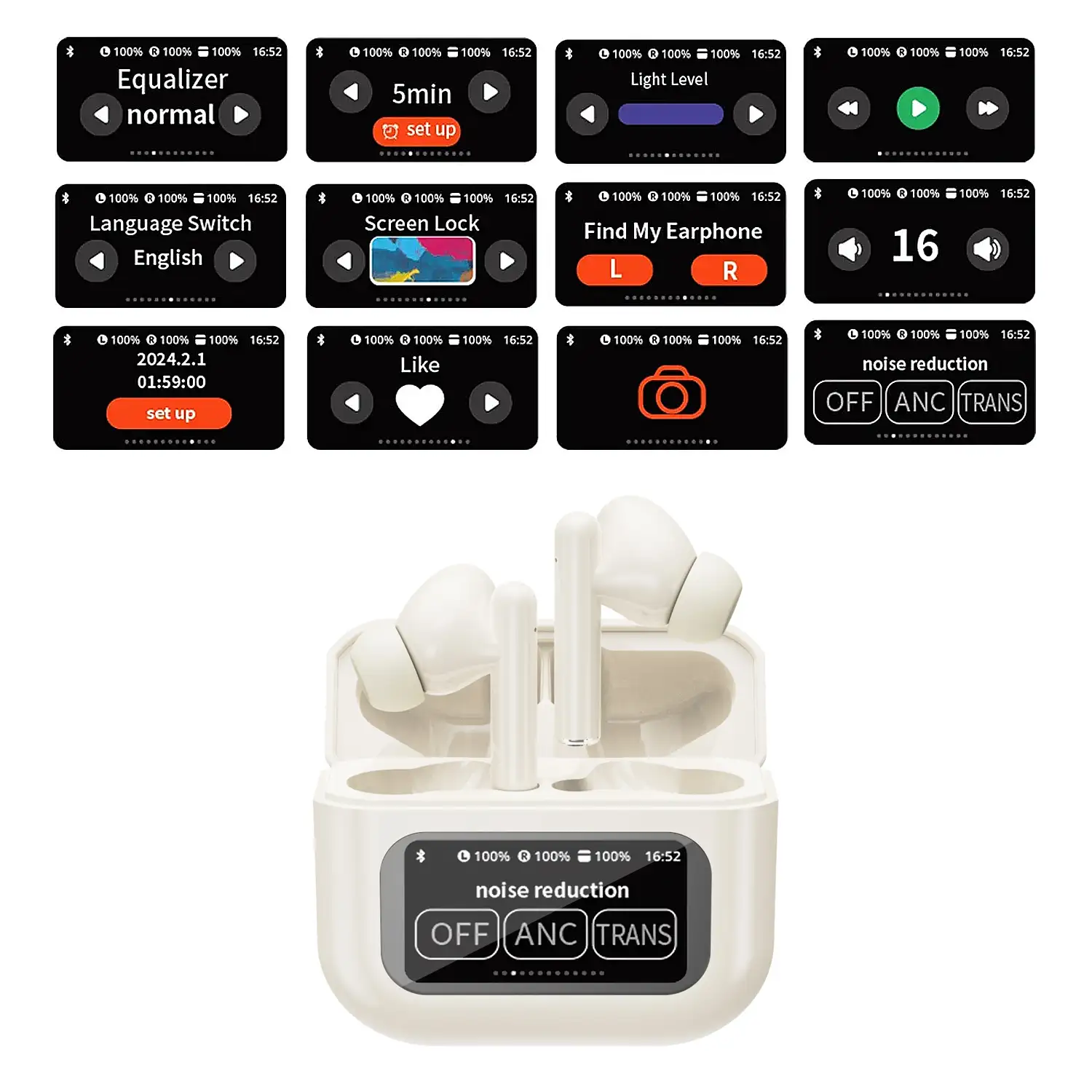 Auriculares TWS KW-07, BT 5.4, con cancelación de ruido activo ANC. Base de carga con pantalla LED y hasta 6 horas de autonomía.
