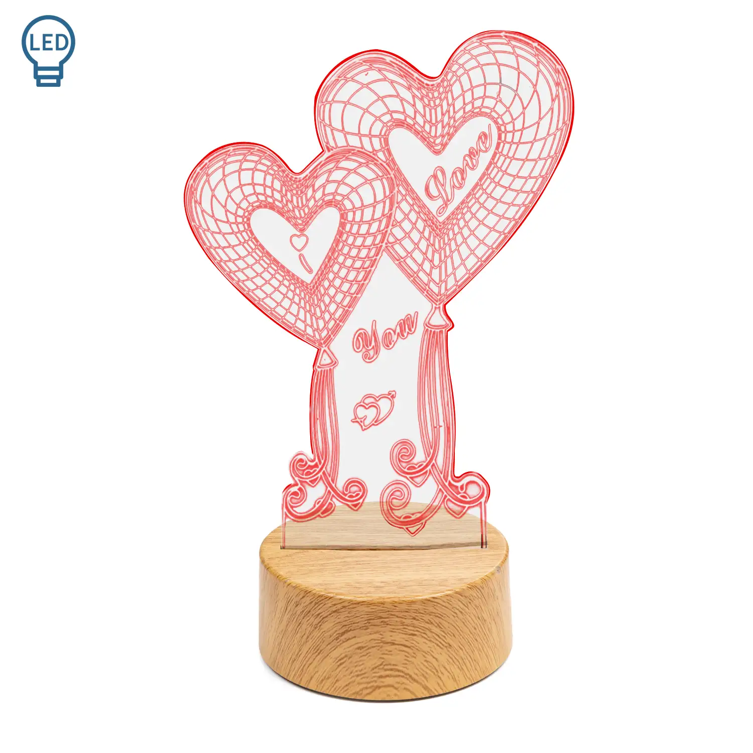 Lámpara ambiental efecto 3D, diseño Love, base efecto madera. Luz LED.