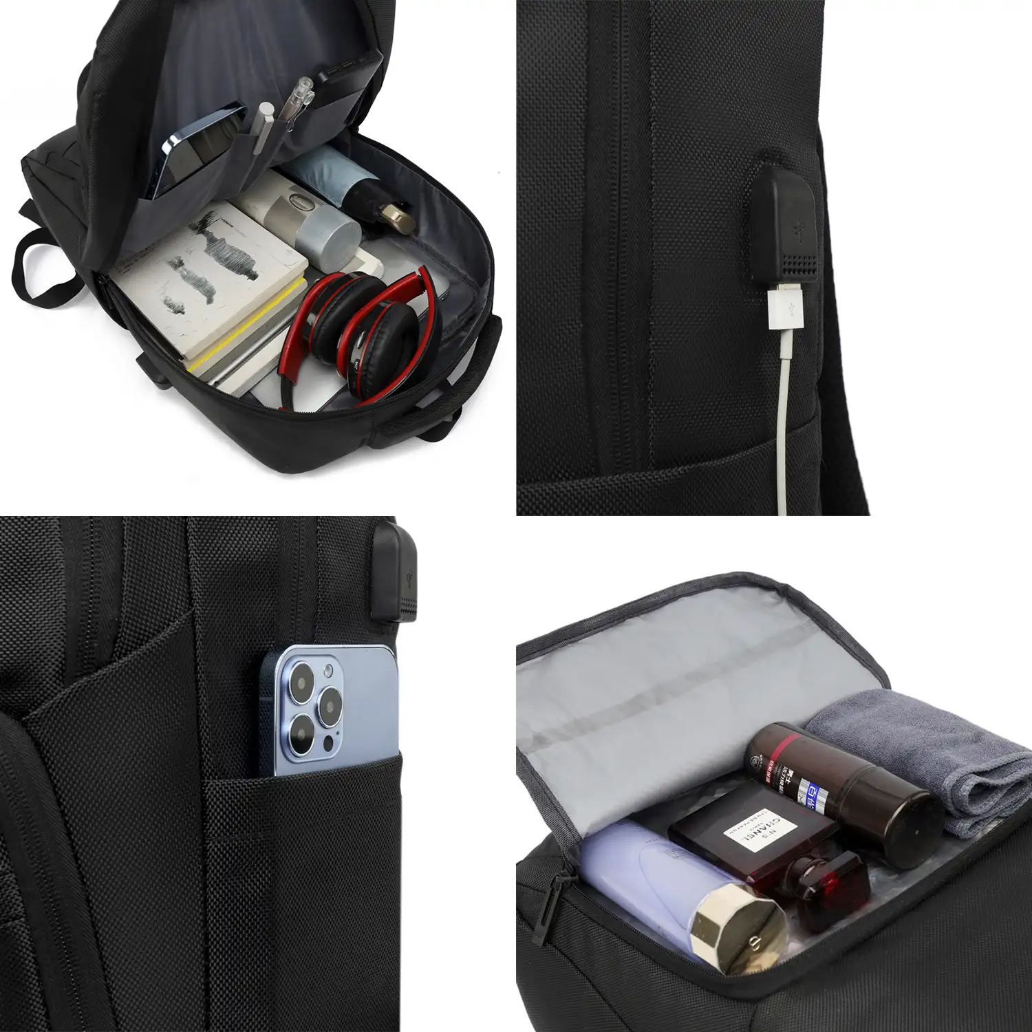 Mochila de viaje con gran resistencia, impermeable y con conexión USB. Acolchada, ventilada y con asa para trolley.