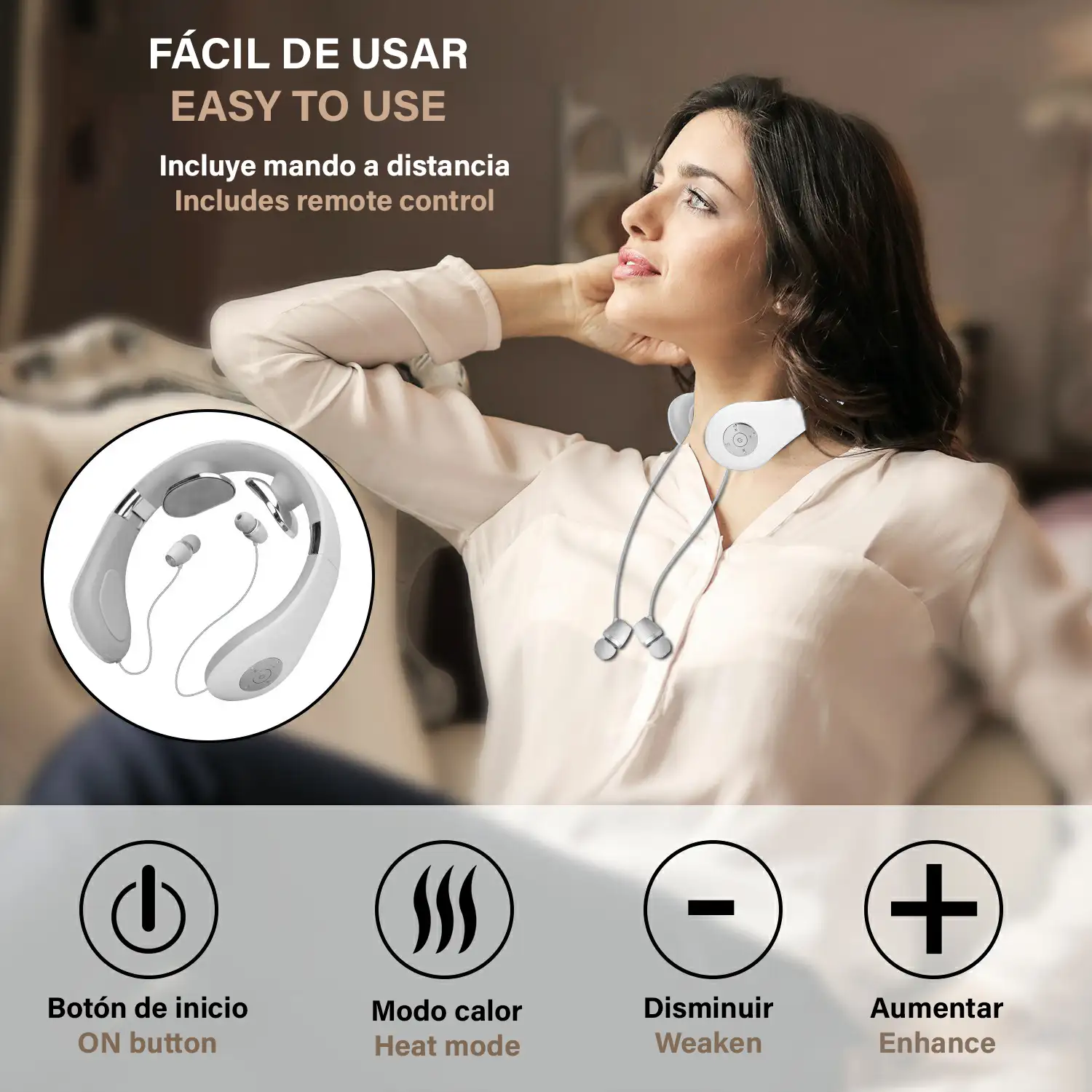 Masajeador de cuello inteligente con auriculares Bluetooth 5.2. Mando a distancia.