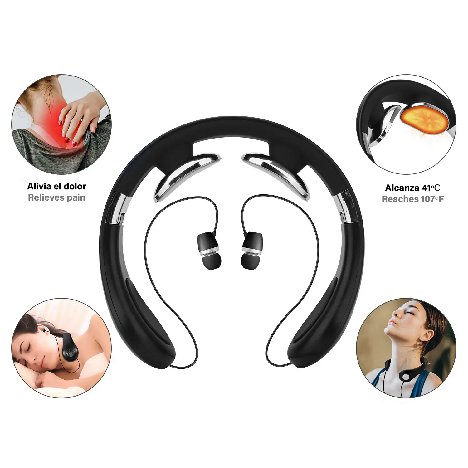 Masajeador de cuello inteligente con auriculares Bluetooth 5.2. Mando a distancia.