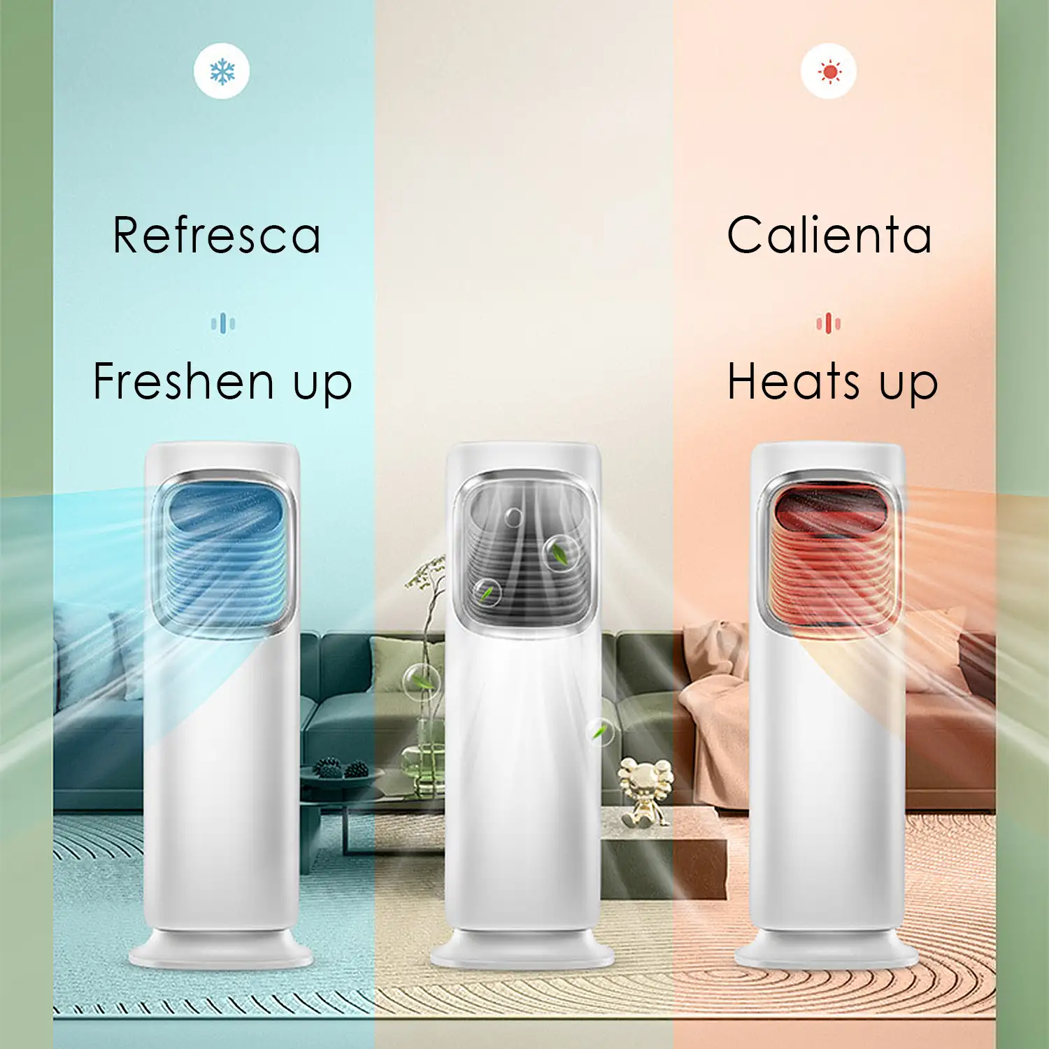 Climatizador multifunción sin aspas, con calefacción y refrigeración 45W/1800W frio/calor. Pantalla táctil y control remoto. Giro de 120º.