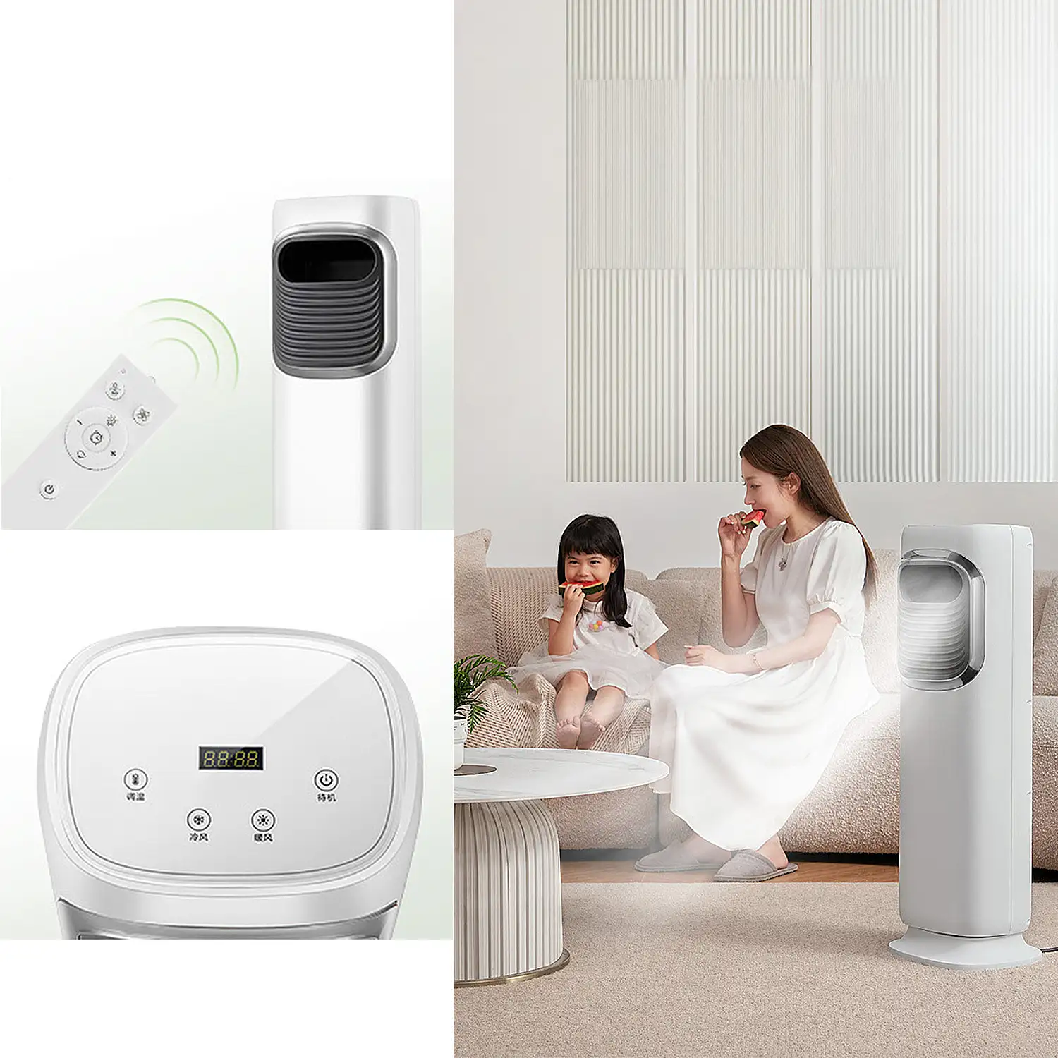 Climatizador multifunción sin aspas, con calefacción y refrigeración 45W/1800W frio/calor. Pantalla táctil y control remoto. Giro de 120º.