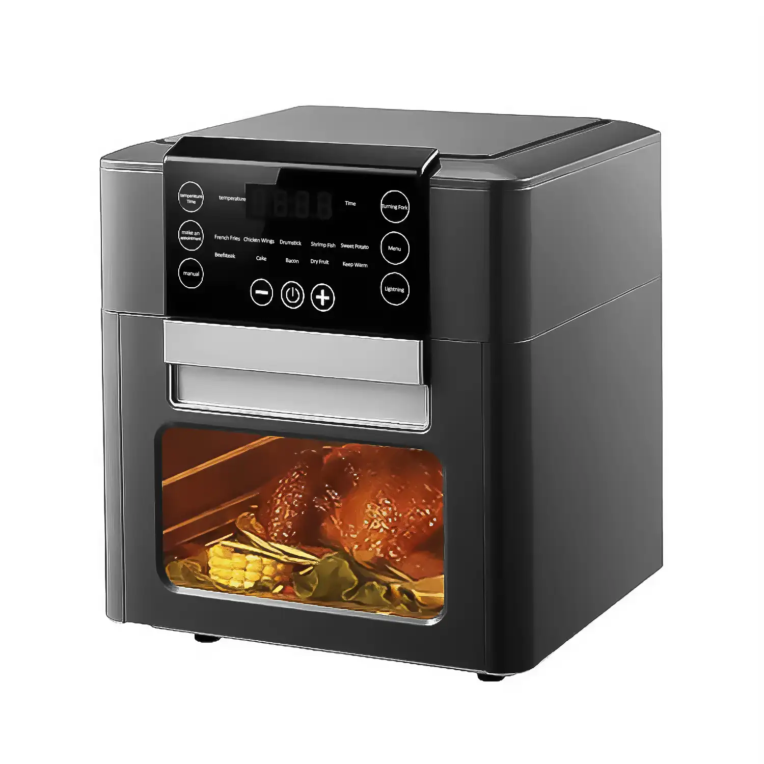 Freidora de aire multifunción con 1350W, 12L de capacidad. Pantalla LCD con panel de control táctil y 9 programas de cocina pregrabados.