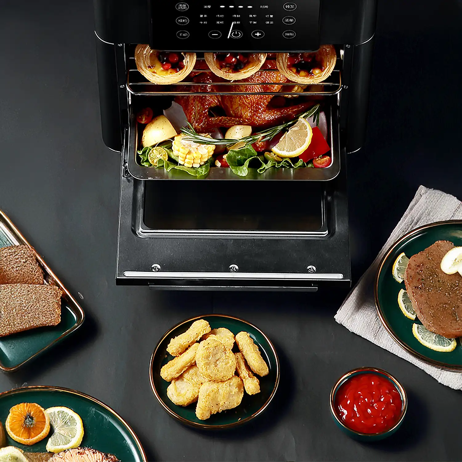 Freidora de aire multifunción con 1350W, 12L de capacidad. Pantalla LCD con panel de control táctil y 9 programas de cocina pregrabados.