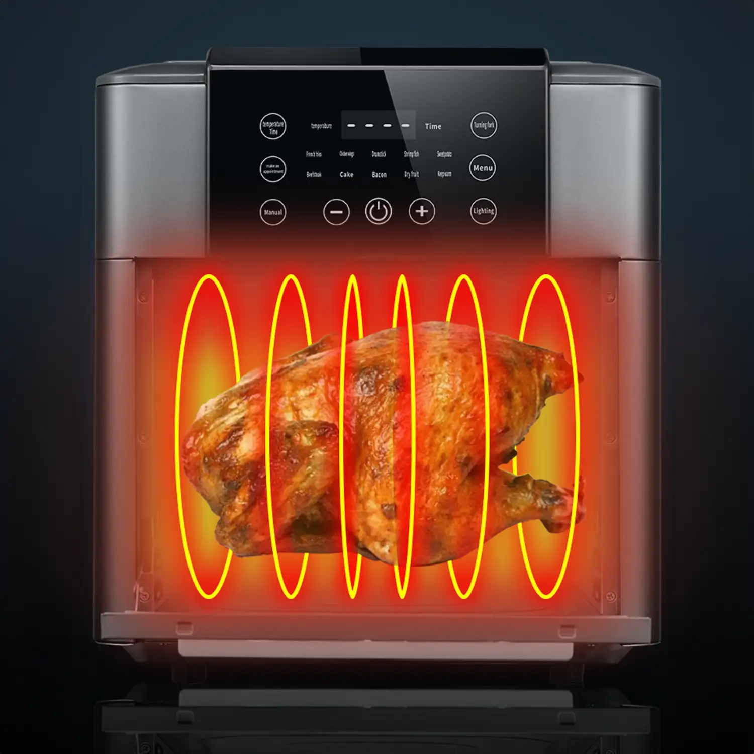 Freidora de aire multifunción con 1350W, 12L de capacidad. Pantalla LCD con panel de control táctil y 9 programas de cocina pregrabados.
