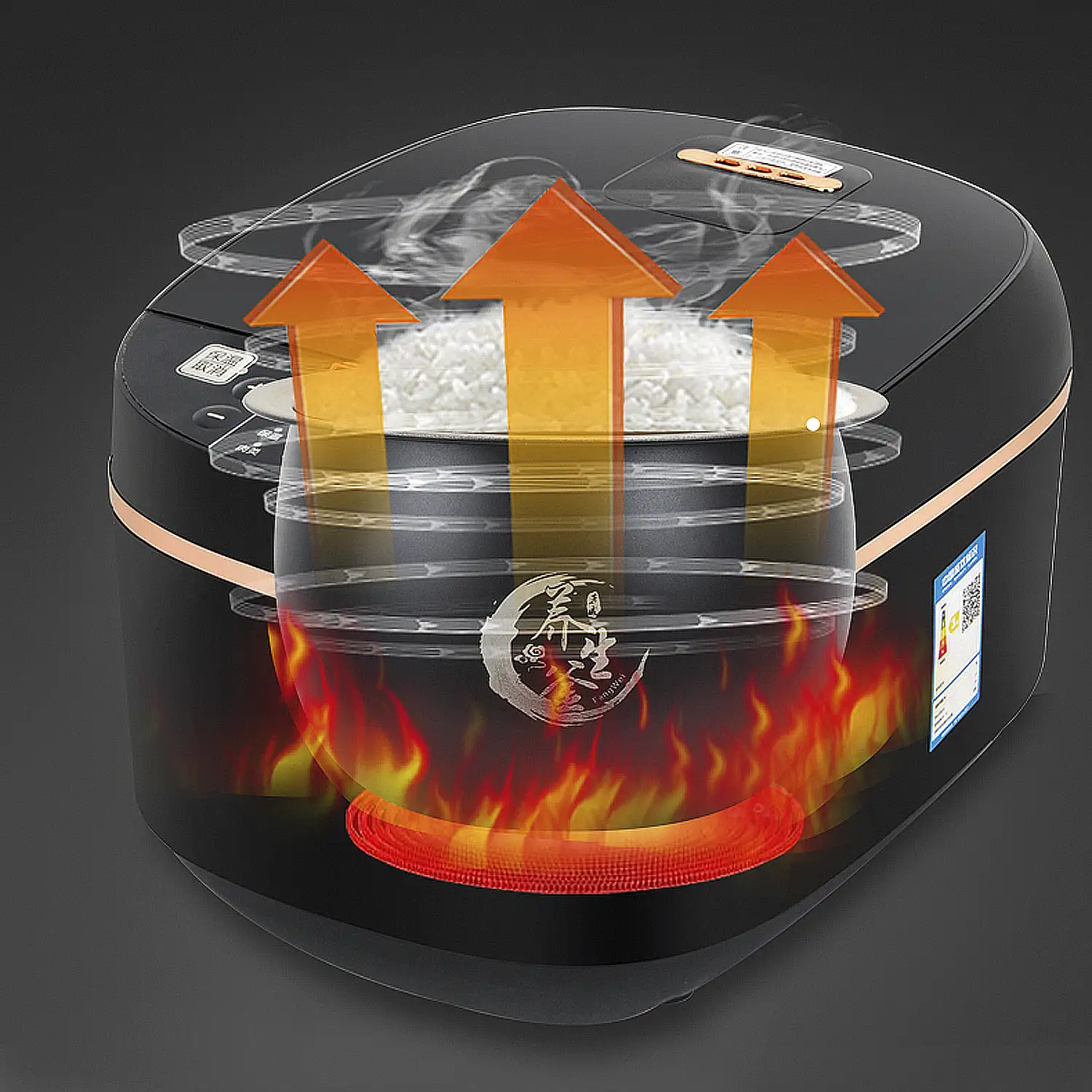 Arrocera eléctrica de calor tridimensional y 900W. Funciones y programas de cocina pregrabados. Cuenco antiadherente de 5 capas y con 5L de capacidad.