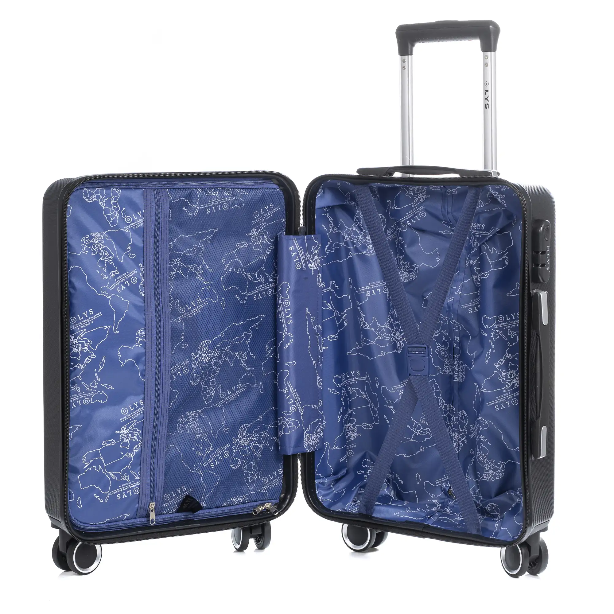 Juego de 3 maletas Trolley en material ligero de ABS de alta resistencia. Cerradura numérica, 4 ruedas dobles giratorias 360°.